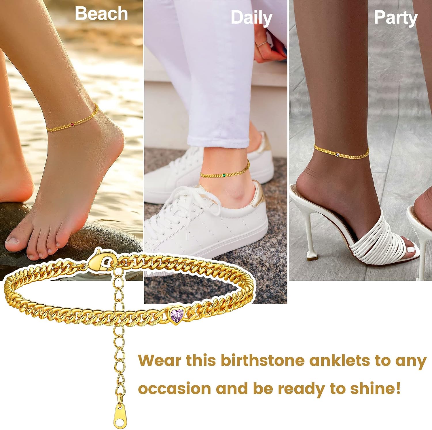 GoldChic Anklet Women's Gold Anklet for Women Girls 4 mm Wide Classic Curb Chain Anklet Bracelet Zirconia Anklet 22 cm + 5 cm Adjustable Summer Beach Foot Jewellery – Bild 2