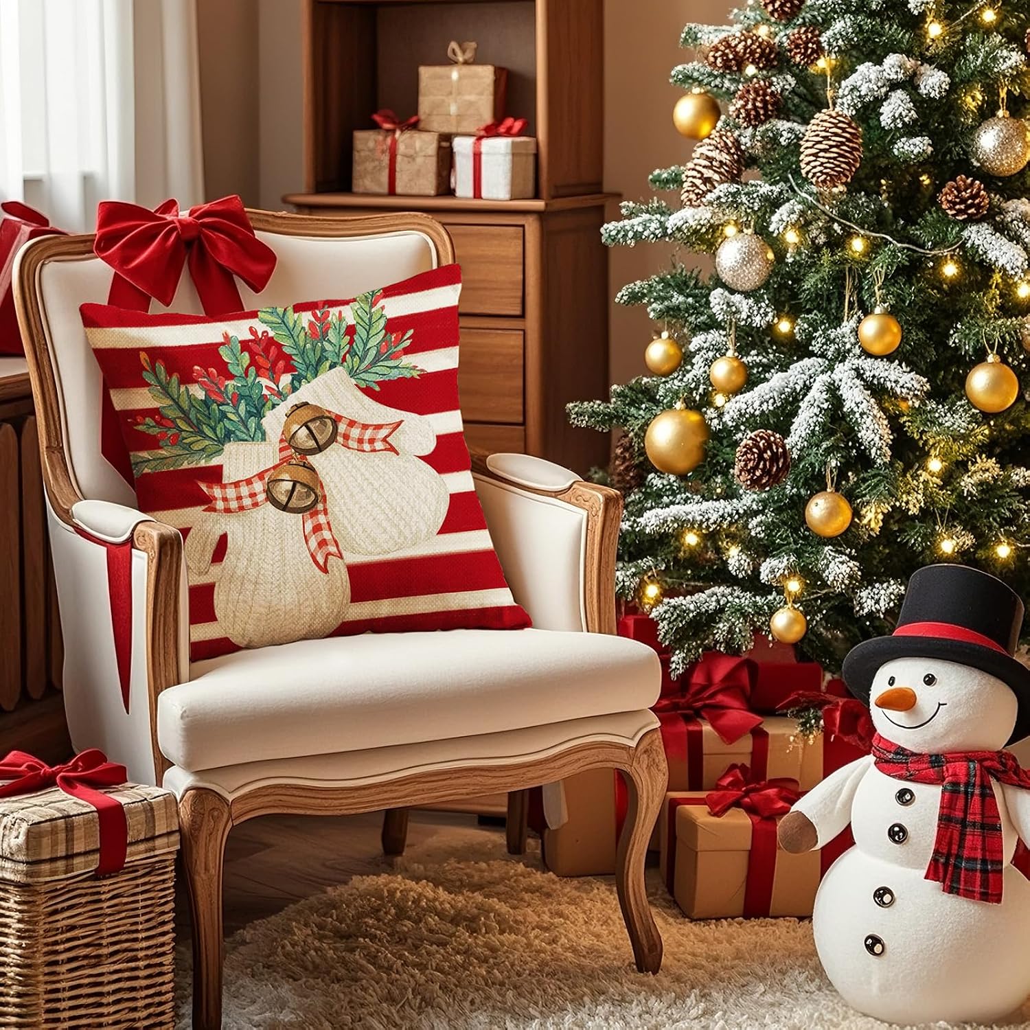 Christmas Cushion Cover, 45 x 45 cm, without Cushion Filling, Set of 4, Linen Look, Square Christmas Cushion Covers with Zip for Sofa, Living Room, Christmas Decorations (Red Stripes) – Bild 8