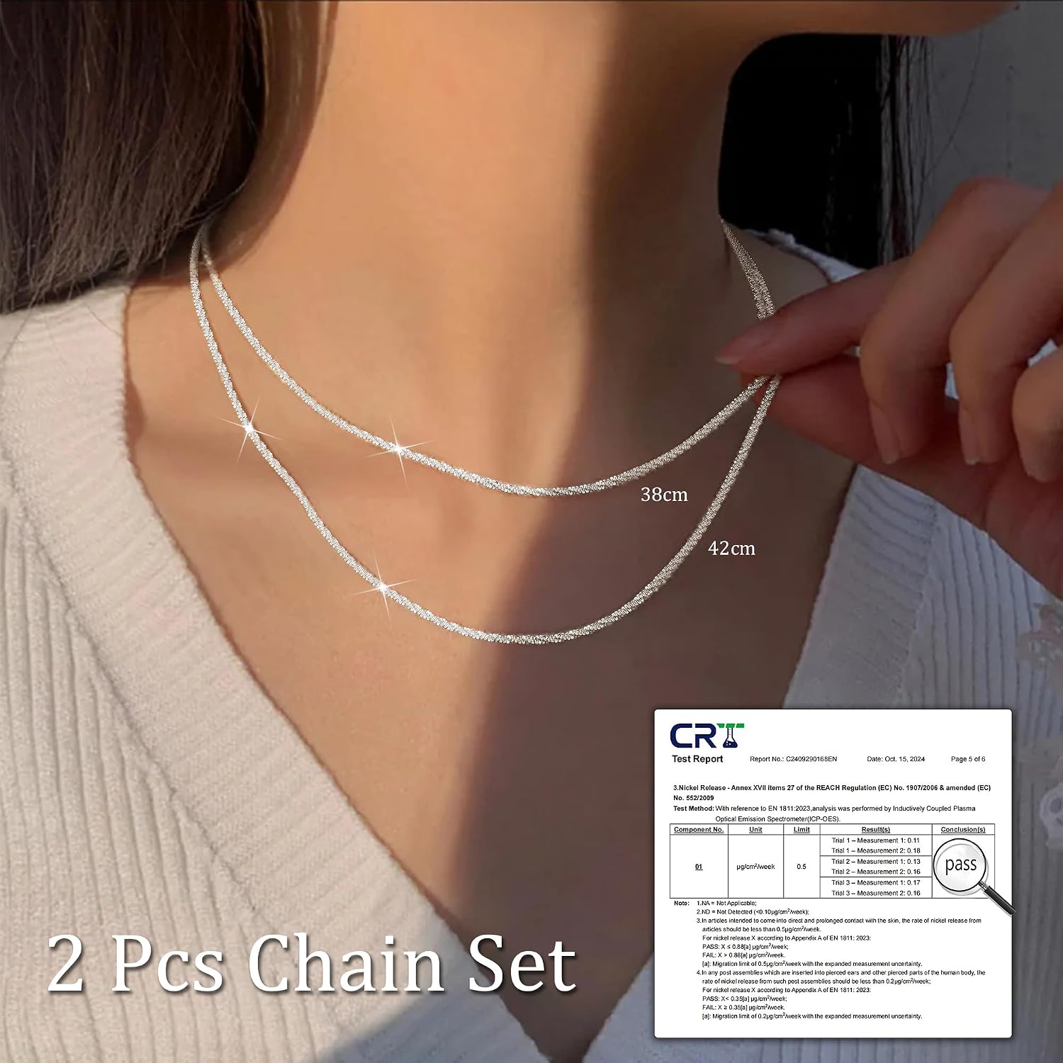 CASSIECA 2 Pcs Silver Necklace for Women Ladies Silver Chain Necklace Layerd Singapore Chain Adjustable Stackable Necklace Shiny Diamond Cut Rope Necklace for Women Girls – Bild 2
