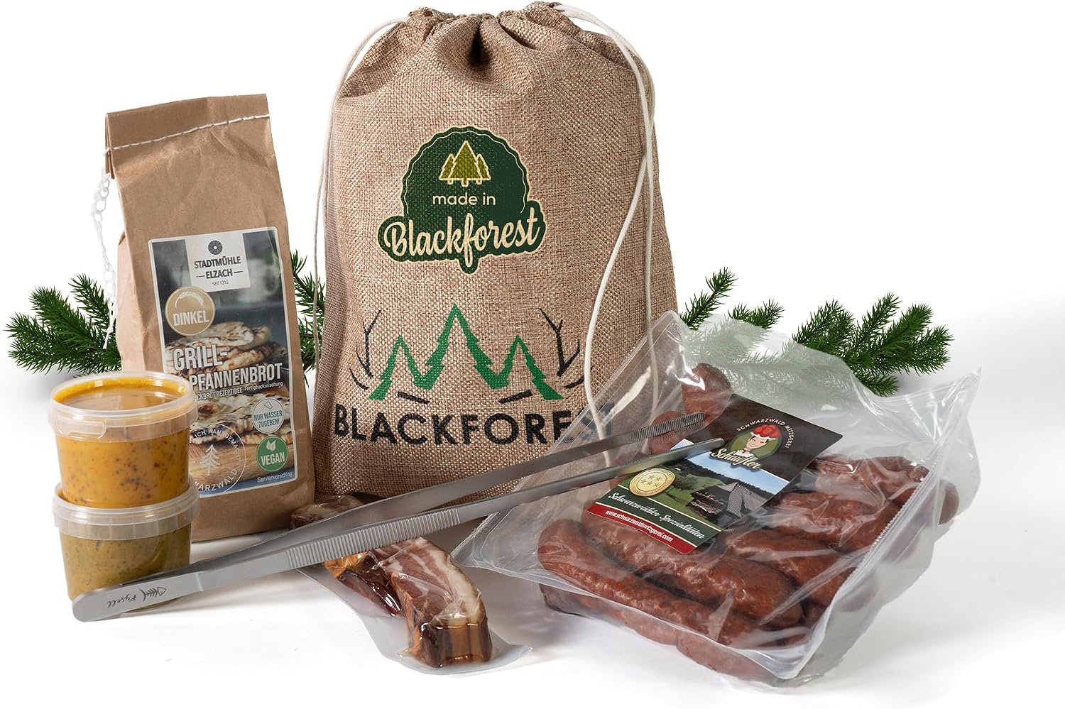 Grill Gift Set 7 Pieces in Jute Bag - Black Forest Specialities with Barbecue Tongs, Bacon, Farmer Sausages, Dips & Bread Baking Mix - Gift for Men & Grill Fans