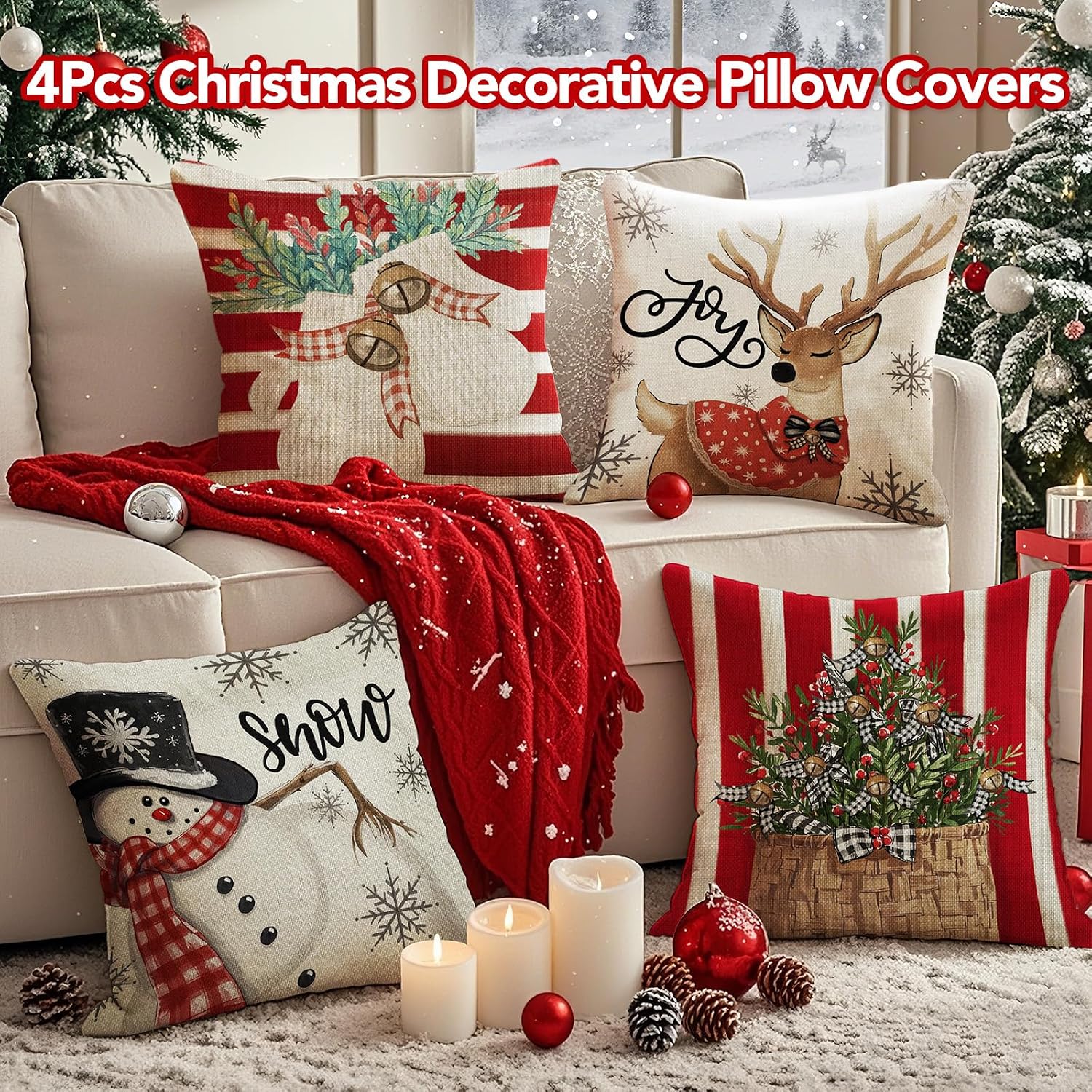 Christmas Cushion Cover, 45 x 45 cm, without Cushion Filling, Set of 4, Linen Look, Square Christmas Cushion Covers with Zip for Sofa, Living Room, Christmas Decorations (Red Stripes) – Bild 2
