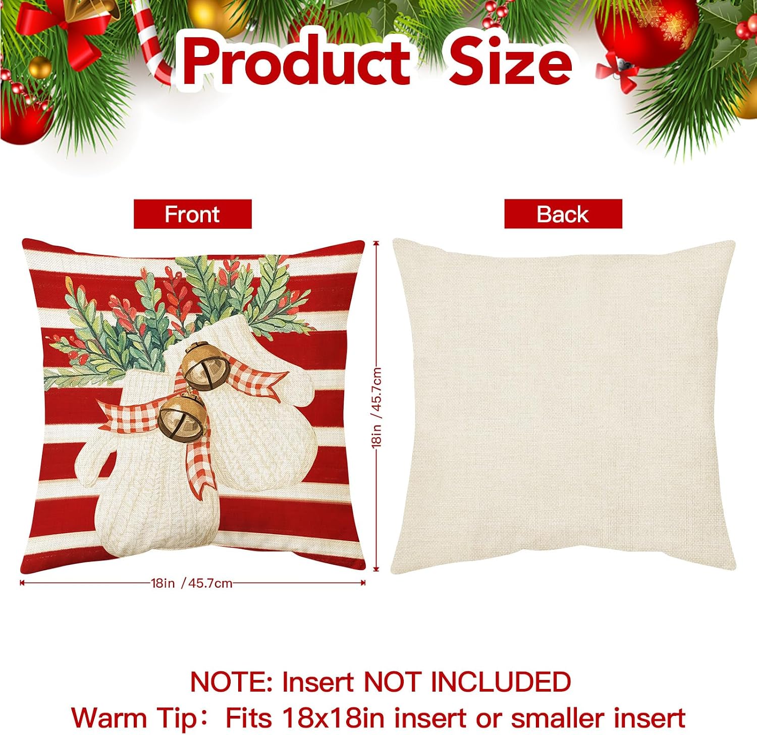 Christmas Cushion Cover, 45 x 45 cm, without Cushion Filling, Set of 4, Linen Look, Square Christmas Cushion Covers with Zip for Sofa, Living Room, Christmas Decorations (Red Stripes) – Bild 3