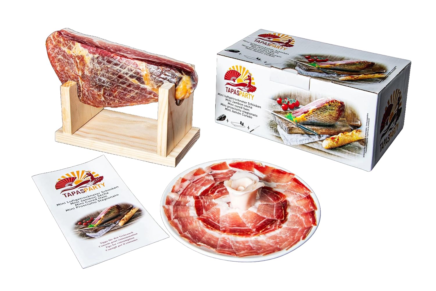 Spanish Tapas Party Deluxe Set | Mini Serrano Ham (1 kg) with Stand & Knife + Chorizo, Lomo, Fuet | Gourmet Gift Basket & Delicatessen from Spain – Bild 2