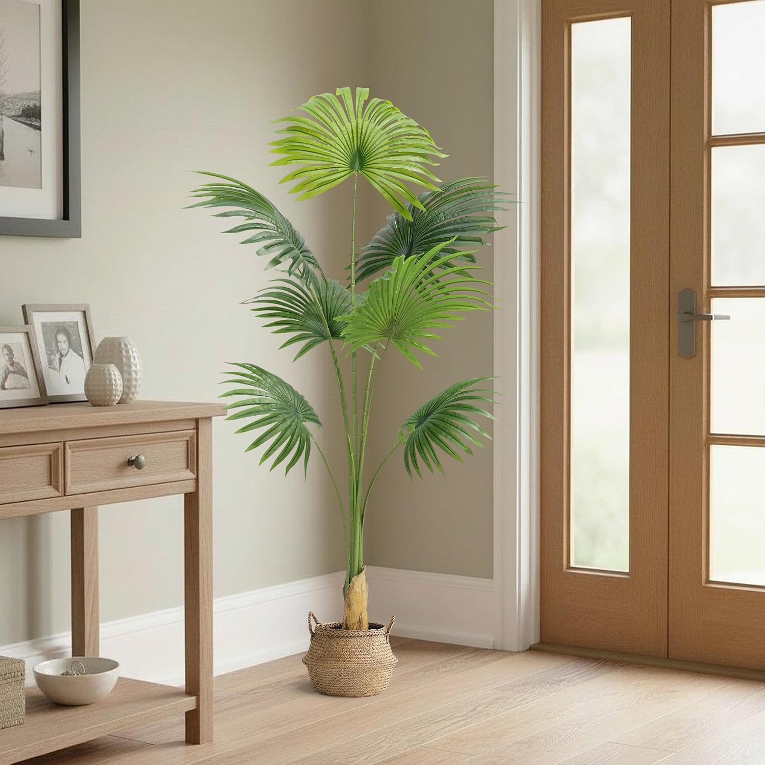 Arnusa Artificial Fan Palm Tree 160 cm - Large Artificial Palm Tree with 7 Palm Fronds - Easy Care Decorative Plastic Plant - Realistic Indoor Plant in Pot for Living Room & Office – Bild 4