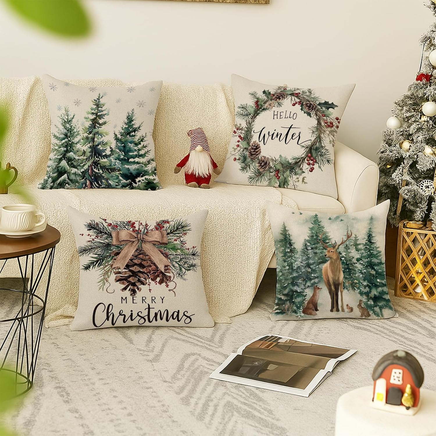 Christmas Cushion Cover, 45 x 45 cm, Set of 4, Linen Christmas Cushion Christmas Decoration with Reindeer, Christmas Decorations, Indoor Christmas Decoration for Sofa, Couch, Bedroom, Living Room, Winter Decoration – Bild 6