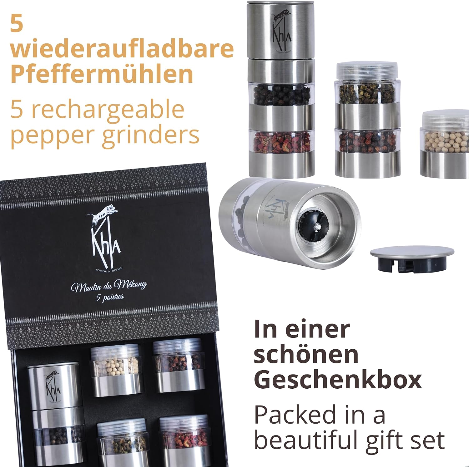 Khla - Set of 5 Mekong Pepper Mills - Gift Set - Kampot & Sichuan Pepper - Pepper from Around the World - Refillable Mills - Gift - Origin Cambodia & China – Bild 7