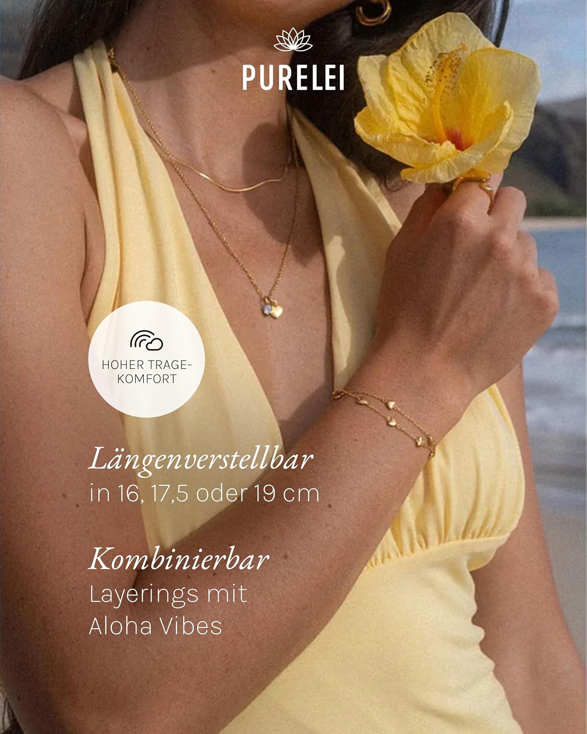 Purelei Alohi Heart Bracelet - Double Row Heart Women's Bracelet - Made of High Quality Durable Stainless Steel - Adjustable Length 16-19cm - Hawaiian Inspired & Waterproof – Bild 6