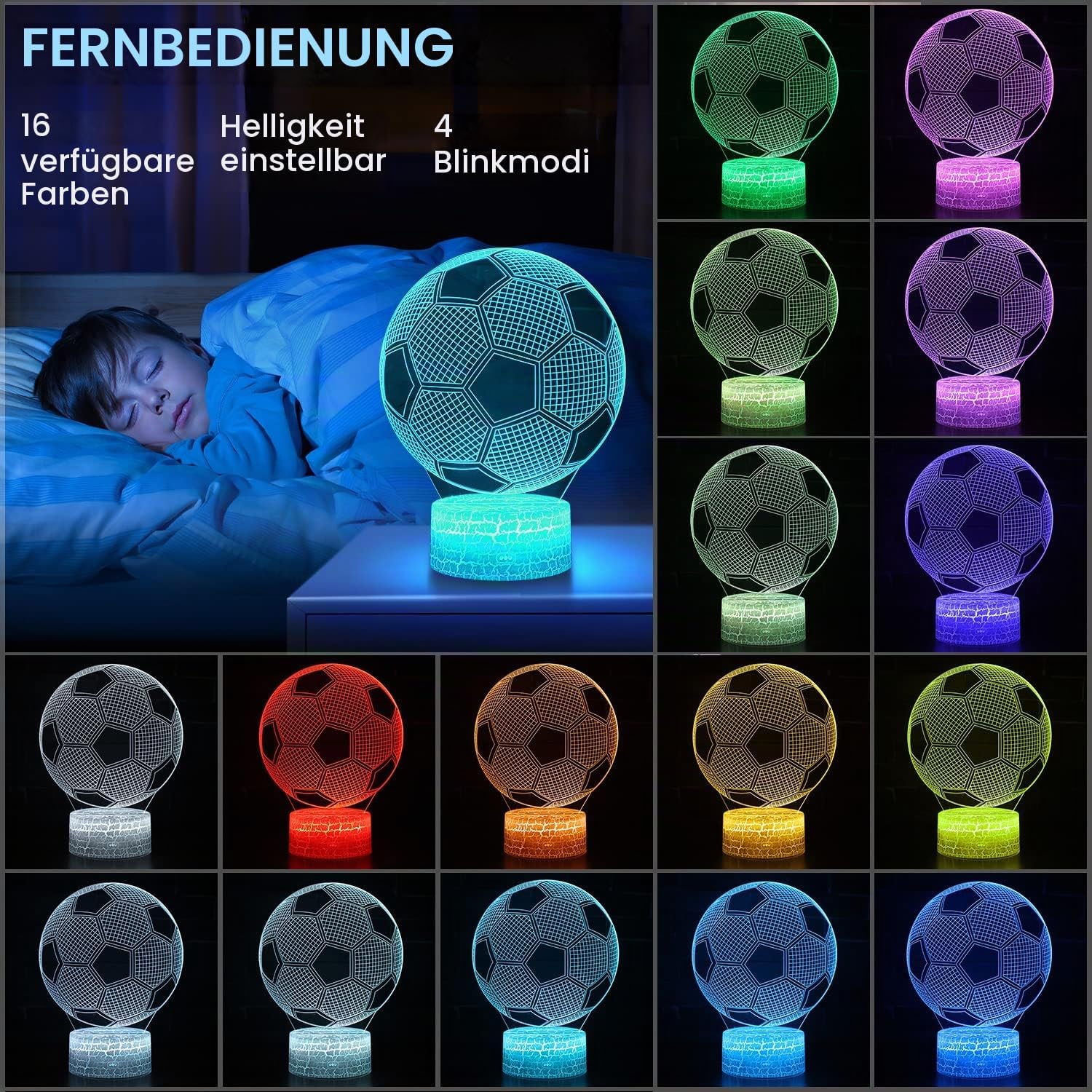 Football Gifts Boys Girls QIANLAINIAO Easter Gifts Children Communion Easter Gift Boy 5 6 7 8 9 10 11 12 1314 Years, 3D Football Night Light Room Decoration Optical Illusion Lamp 16 Colours – Bild 2