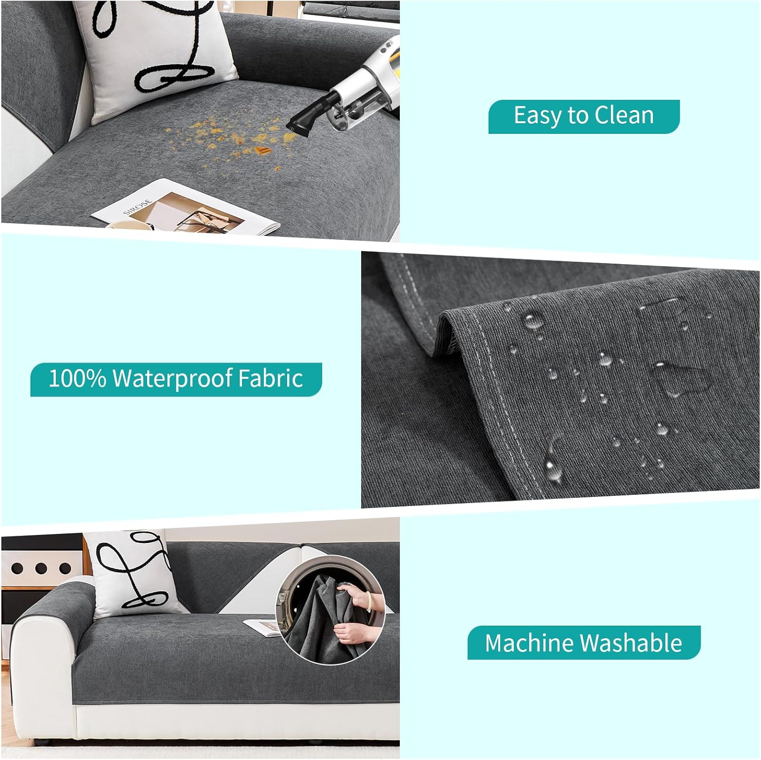 Deep Dream Waterproof Sofa Cover Chenille Sofa Cover, Scratch-Resistant Dog Cat Sofa Protector, Non-Slip Sofa Cover Couch Cover 2 3 4 Seater for U Shape L Shape Sectional Sofa (Dark Grey, 90 x 160 cm) – Bild 2