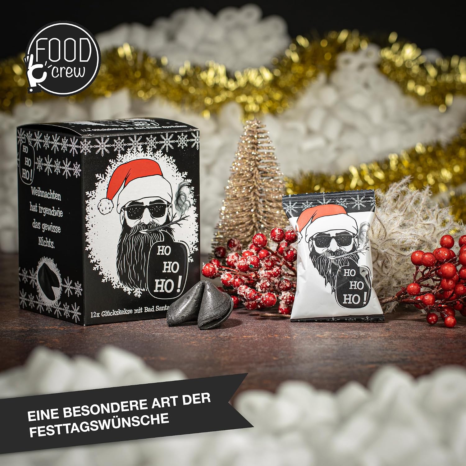 Food crew 36 x Christmas Lucky Biscuits Bad Santa - Black Lucky Cookies with Vanilla & Funny Anti-Christmas Sayings - Advent Calendar Filling & Secret Santa Gift, Vegan – Bild 7
