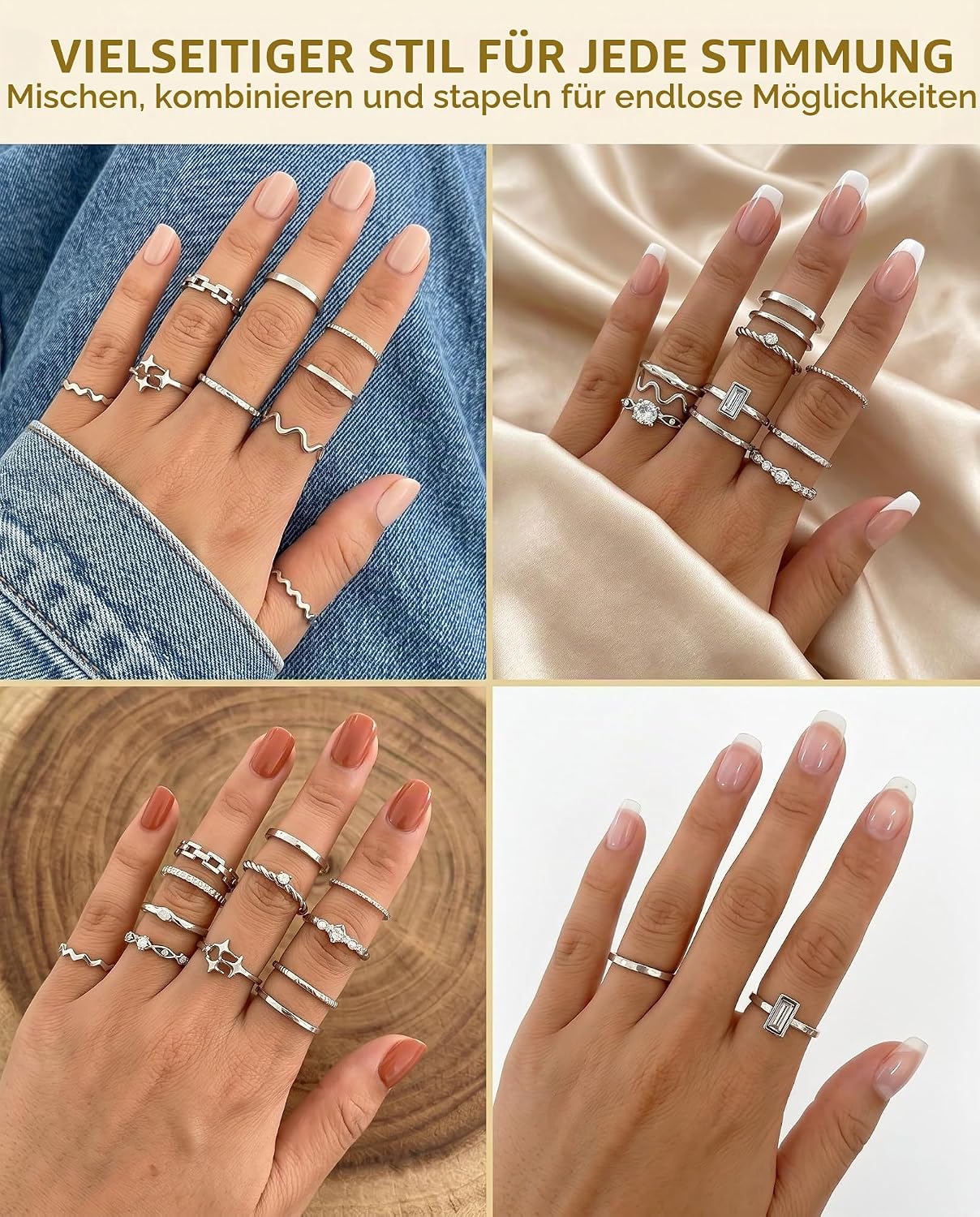Pack of 22 Waterproof Silver Gold-Plated Stackable Statement Rings for Women, Chic Finger Ring Set (Silver) – Bild 6