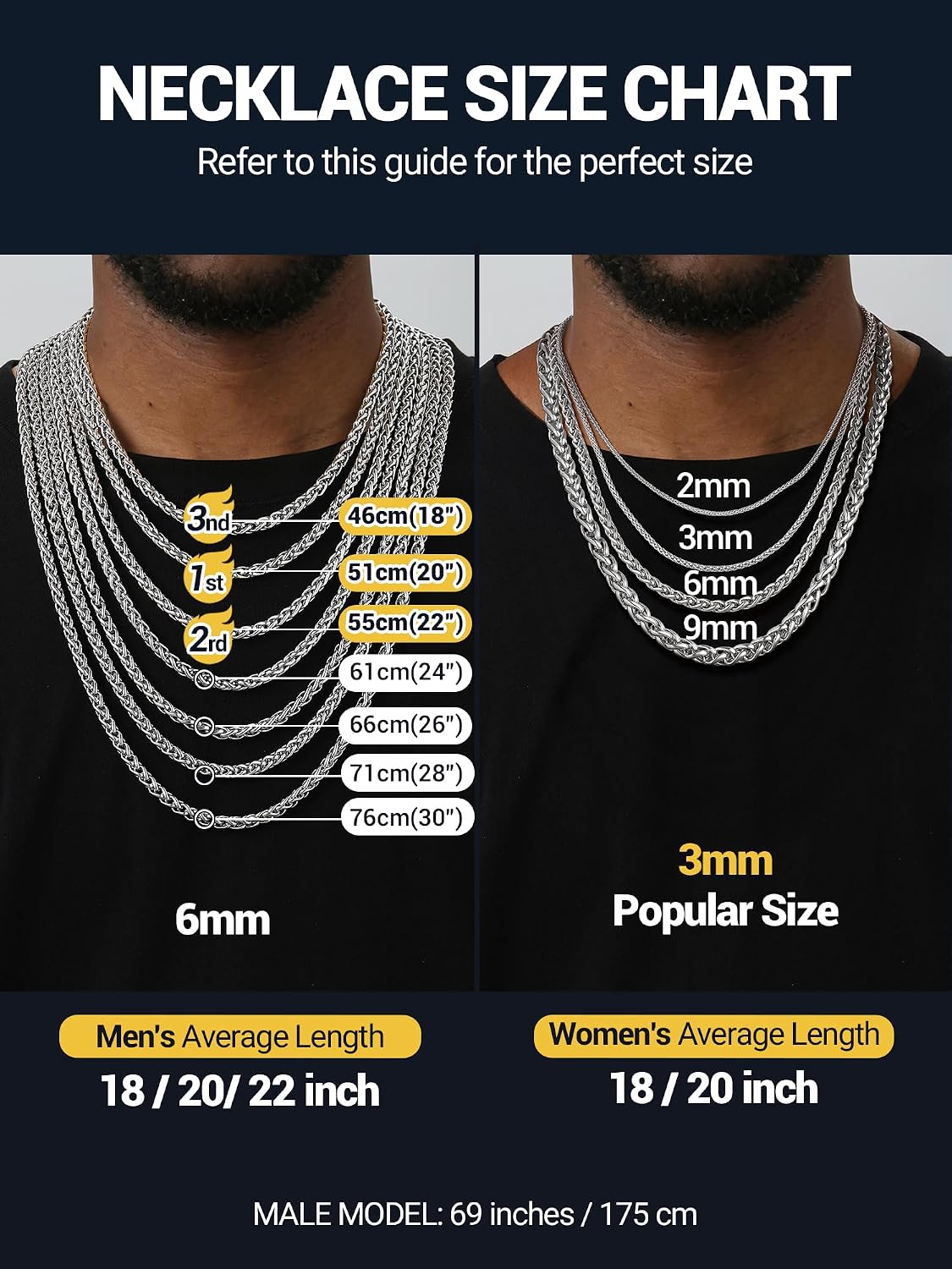 PROSTEEL Wheat Chain Men's Necklace Stainless Steel Chain Women's Link Chain Jewellery Men's Chain 46 to 76 cm Long Selectable 2/3/6/9 mm Wide in Silver/Black/Gold – Bild 7