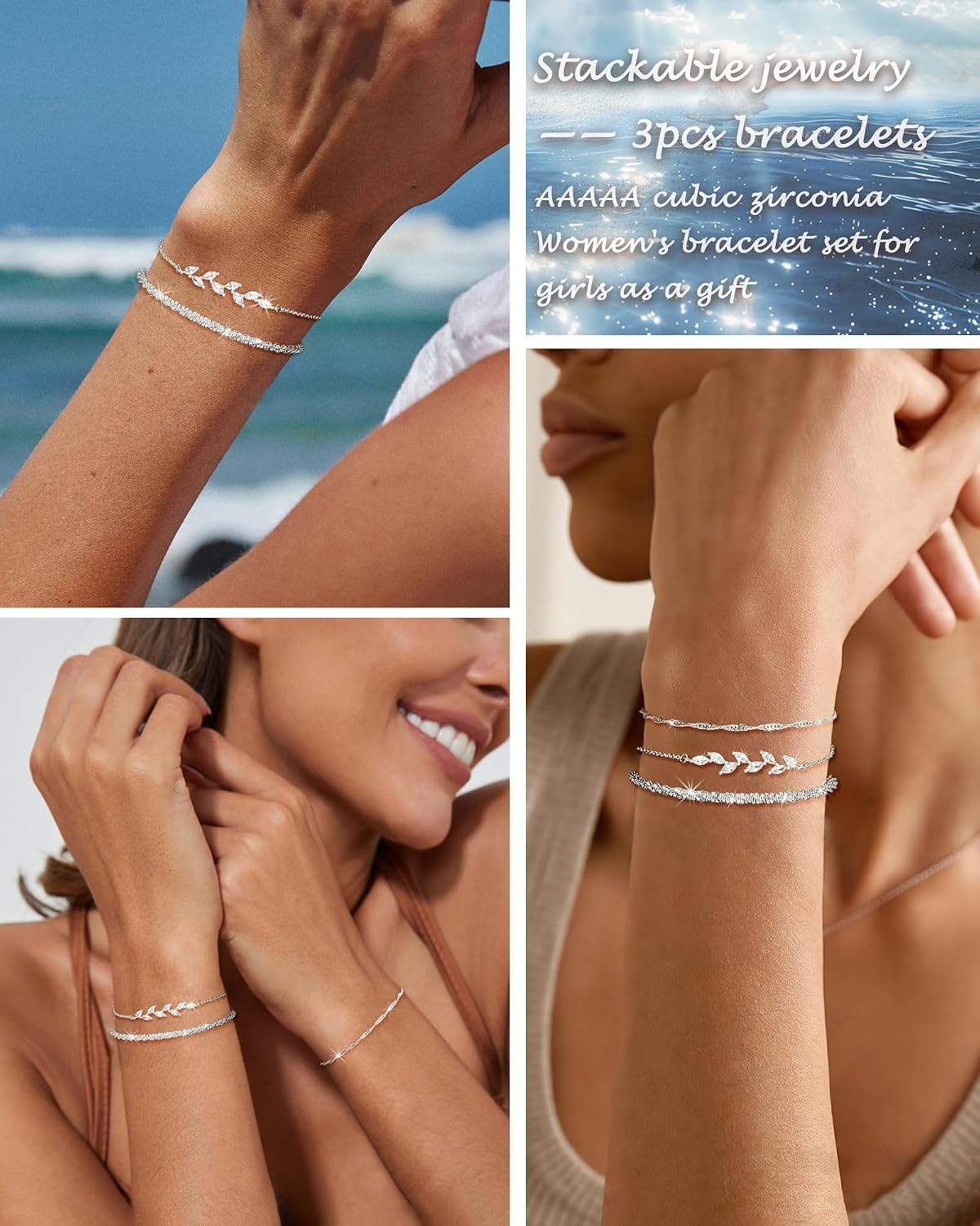 Aidenn 3 Pieces 925 Sterling Silver Bracelet Women's Silver Zirconia Accents Bracelets Set Adjustable Stackable Chain Bracelet Jewellery for Women Girls as a Gift – Bild 5