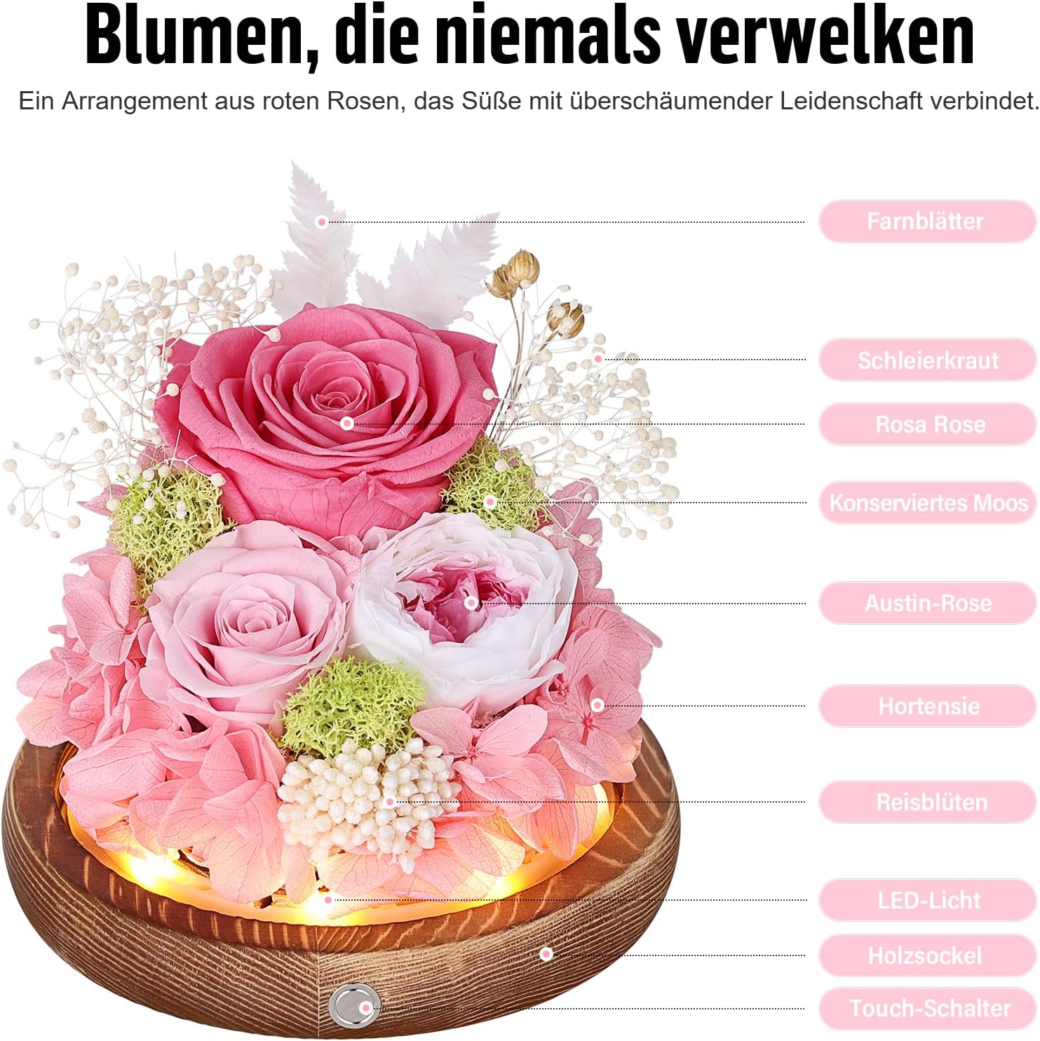 Eternal Rose in Glass Pink with LED Infinity Rose Real Flower for Women – Bild 7