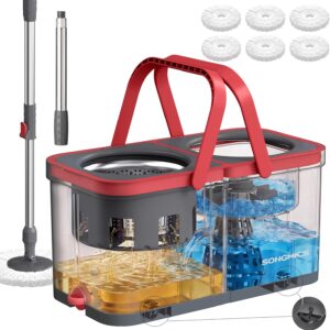 SONGMICS Clemax Collection LMB004GT06 Mop with Bucket, Floor Mop with Dirty Water Separation and Wheels, Telescopic Handle, 6 Microfibre Pads, 47.5 x 25.5 x 24 cm, Grey and Red