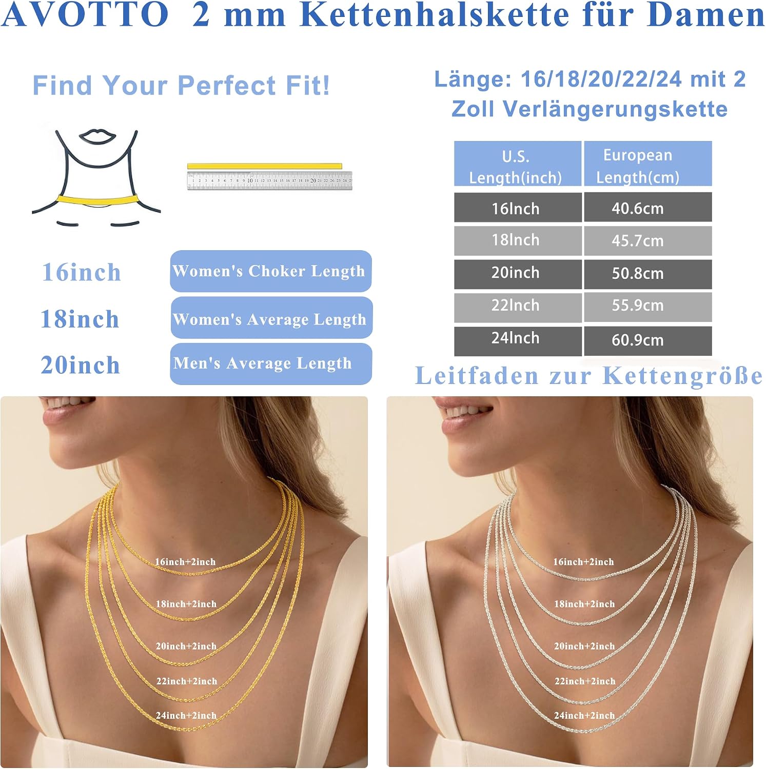 Avotto Silver Chain Necklace Women's 2 mm Chain Silver Diamond Shiny Necklace Silver Chains for Women 14 16 18 20 22 24 26 28 Inches – Bild 5