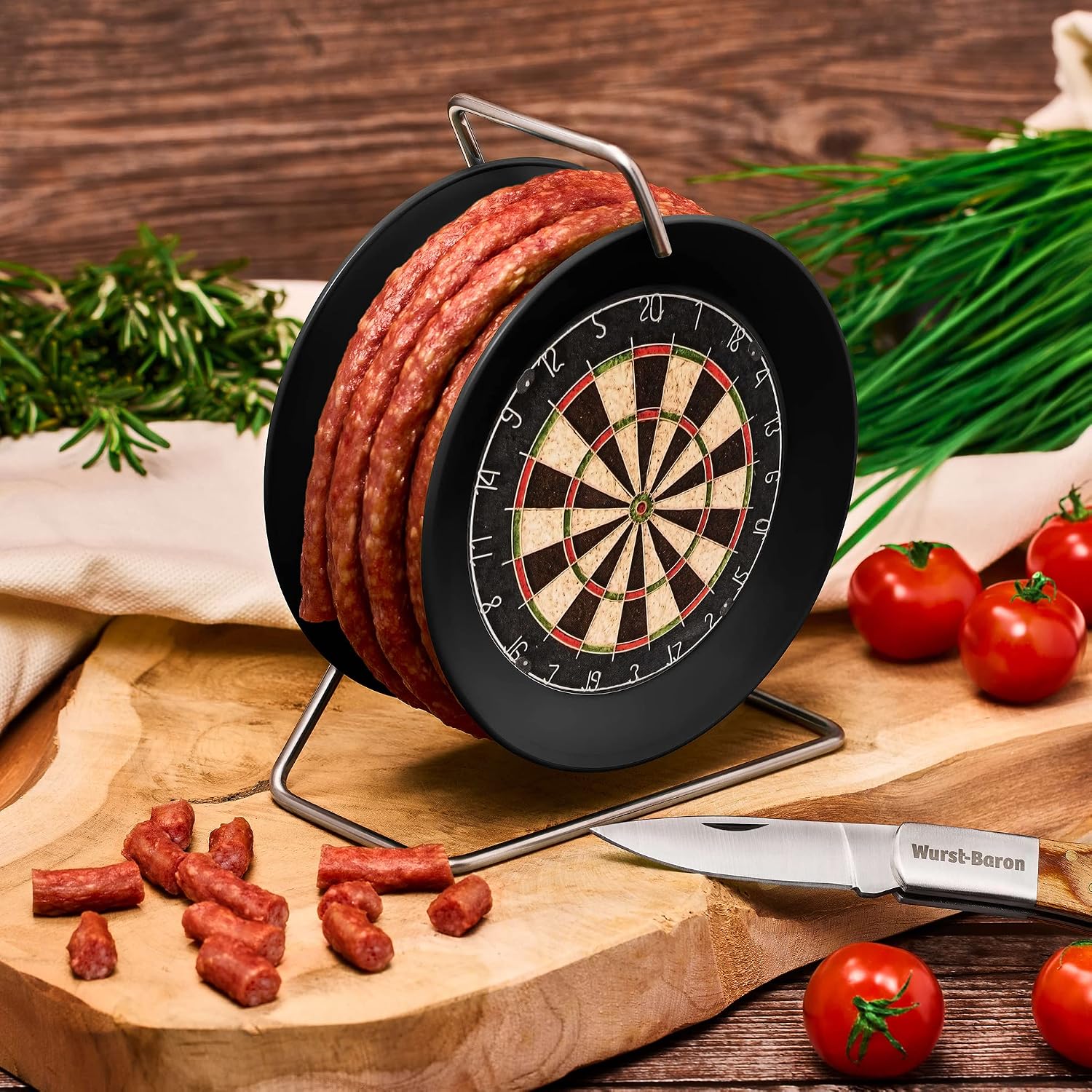 Wurstbaron Sausage Dartboard Dartboard - 3.5 m Snack Salami Cracow Style on a Mini Roll Drum Black, 240 g & Sausage Rim Cable Drum on Rim Sausage, 240 g – Bild 3