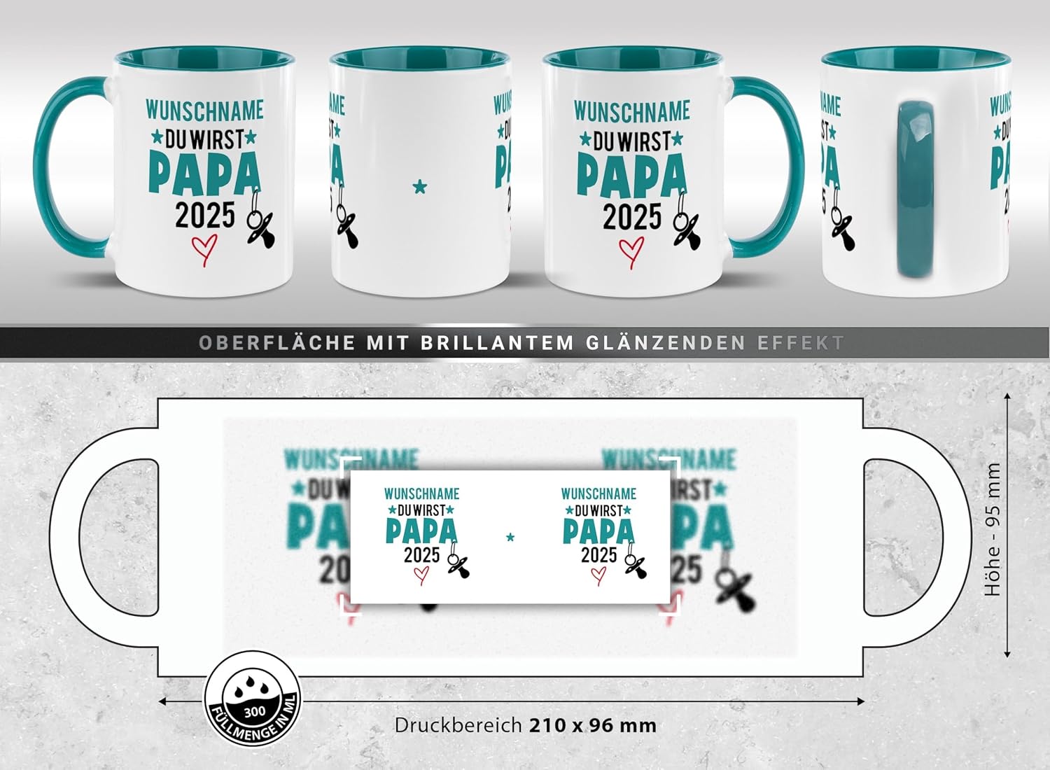 Tassendruck Baby News Mug with Name & Year Design Yourself – Du wirst Papa – Personalised Gift for Pregnancy for Expecting Father – Ceramic Mug, 300 ml, Inner and Handle Turquoise – Bild 7