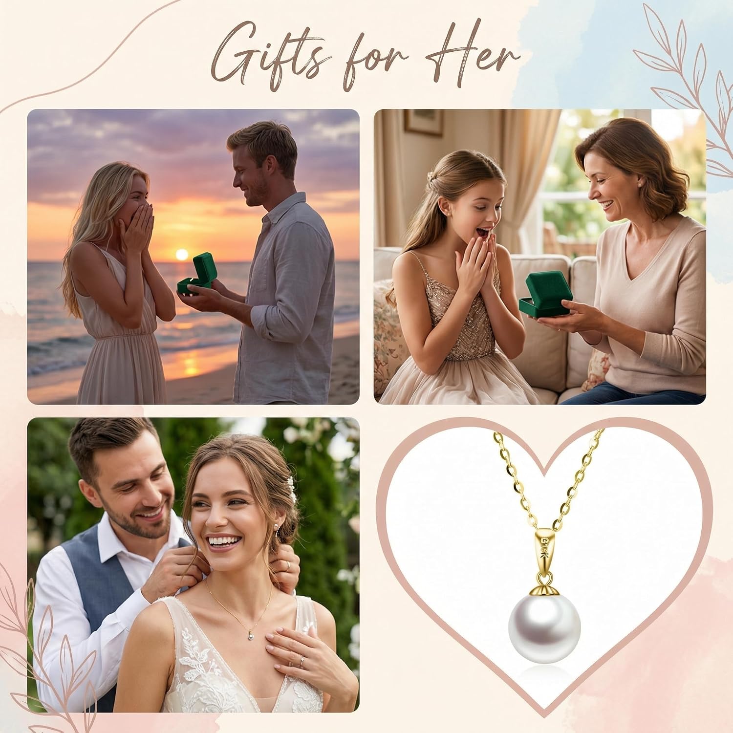 9k Real Gold Pearl Necklace for Women with 18k Gold Pendant, 9 ct/375 Golden Pearl Pendant Chain Jewellery Gifts for Birthday Christmas 40 + 5 cm – Bild 6