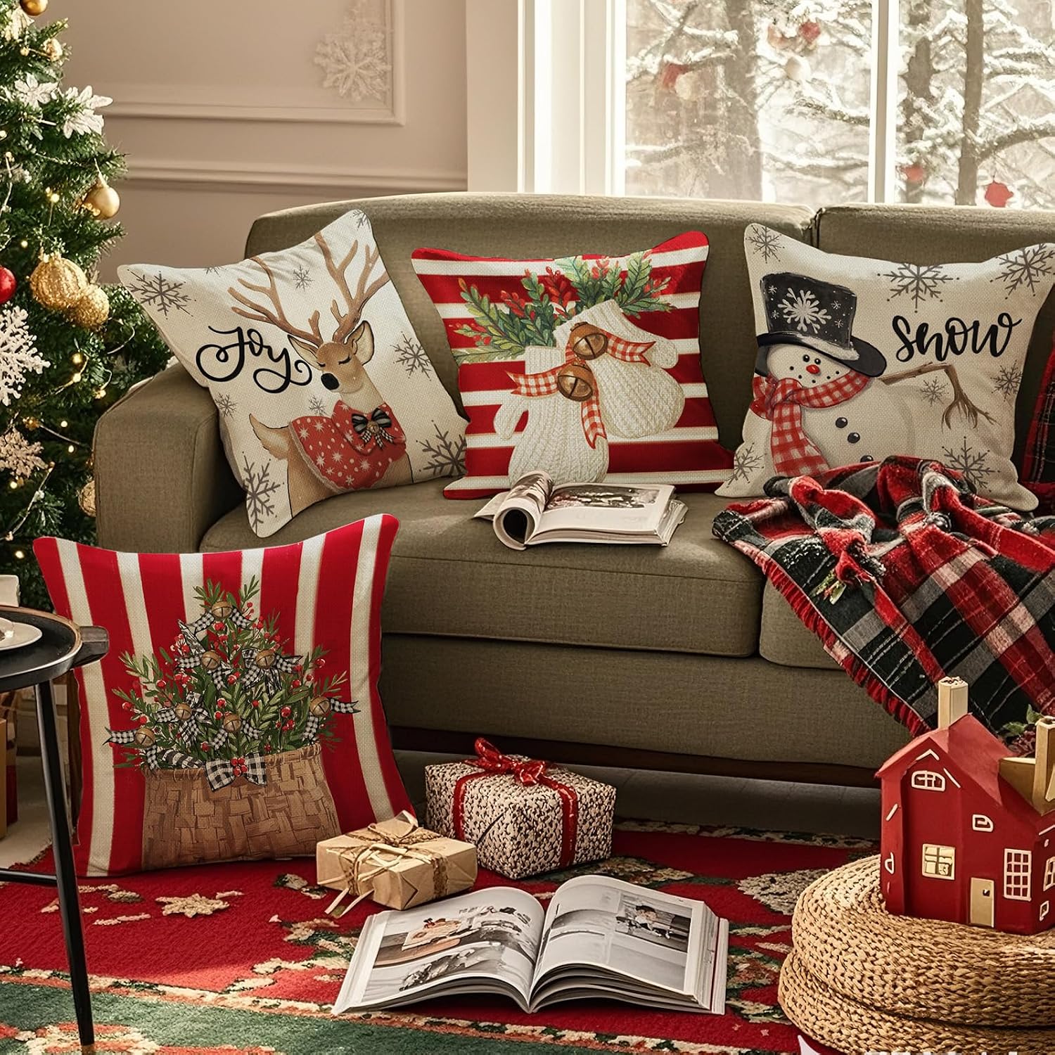 Christmas Cushion Cover, 45 x 45 cm, without Cushion Filling, Set of 4, Linen Look, Square Christmas Cushion Covers with Zip for Sofa, Living Room, Christmas Decorations (Red Stripes) – Bild 6