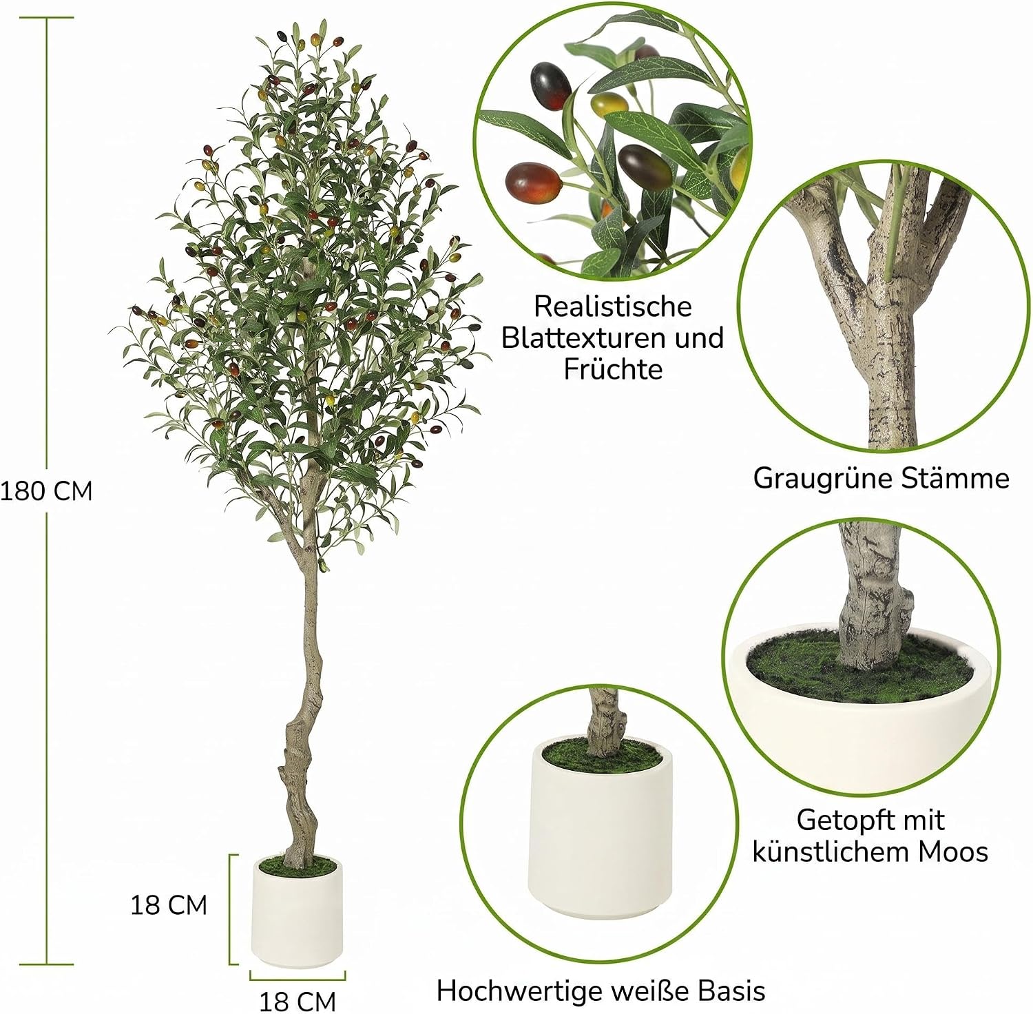 Artificial Olive Tree 180 cm, Artificial Plant Like Real, Dense Green Leaves with Artificial Olives, UV-Resistant, Easy Care, Decoration for Living Room, Balcony, Office – Bild 4
