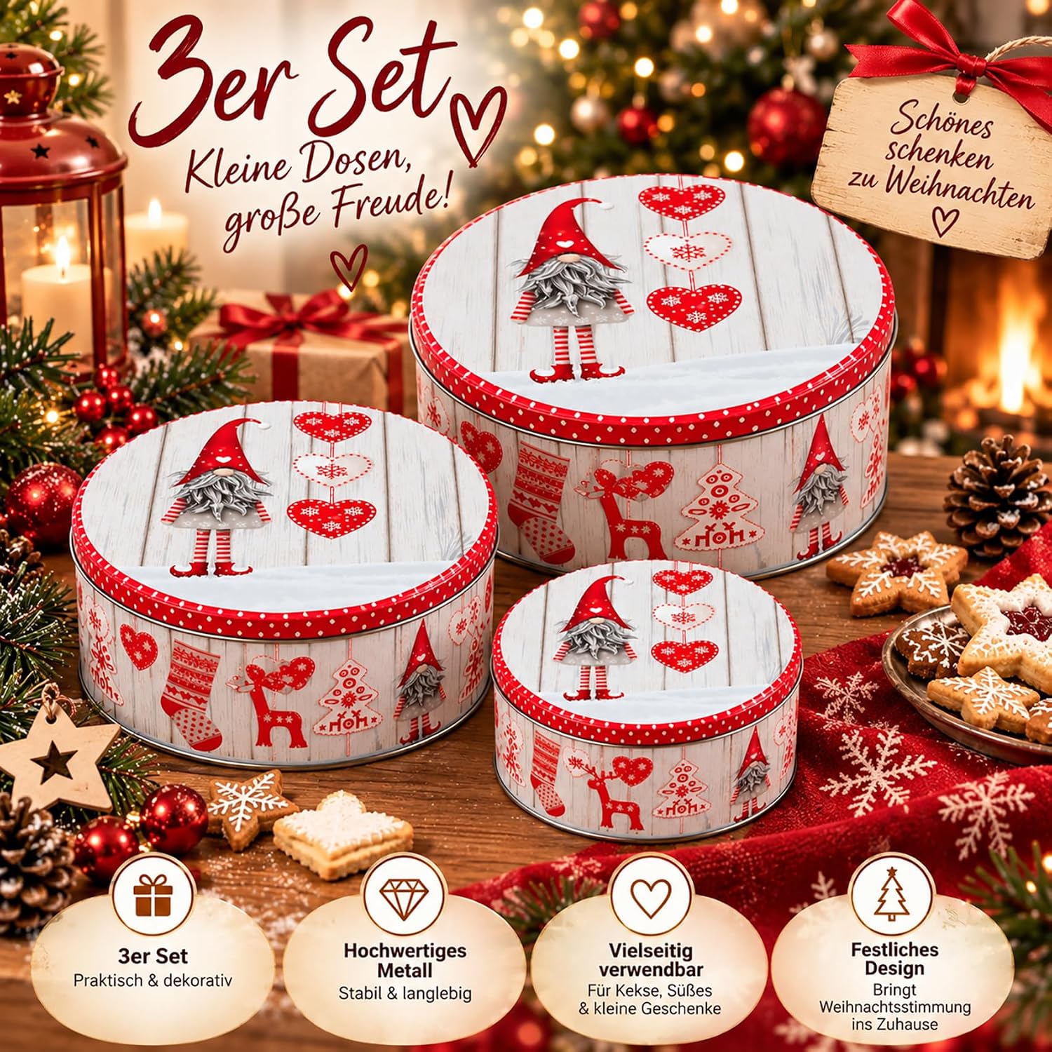 KAMACA Set of 3 Biscuit Tins, Biscuit Tins, Metal Gnome Christmas Red – Bild 7