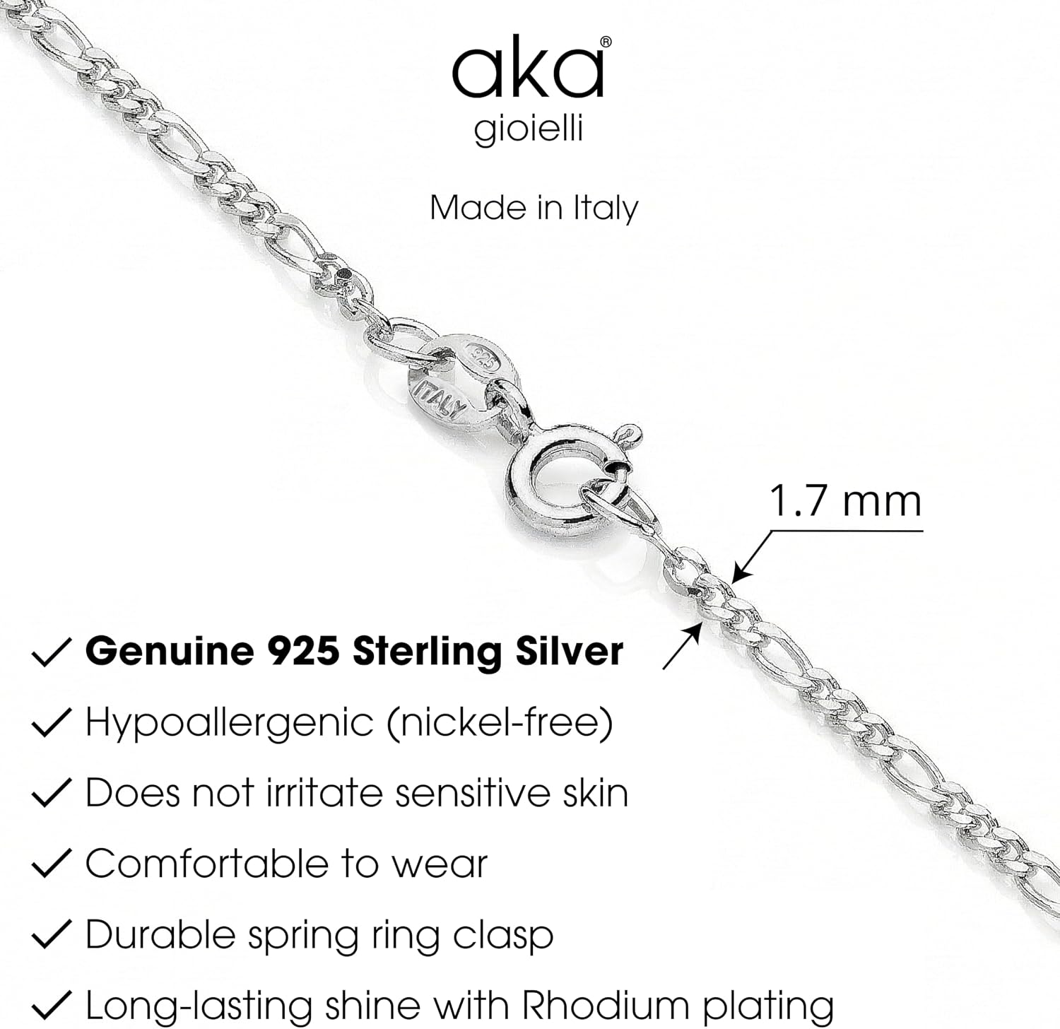 Aka Gioielli® - Diamond-coated Figaro Chain 1.7 mm 925 Sterling Silver Rhodium-Plated - Women's Men's Necklace Lengths: 40 45 50 55 60 70 cm – Bild 5