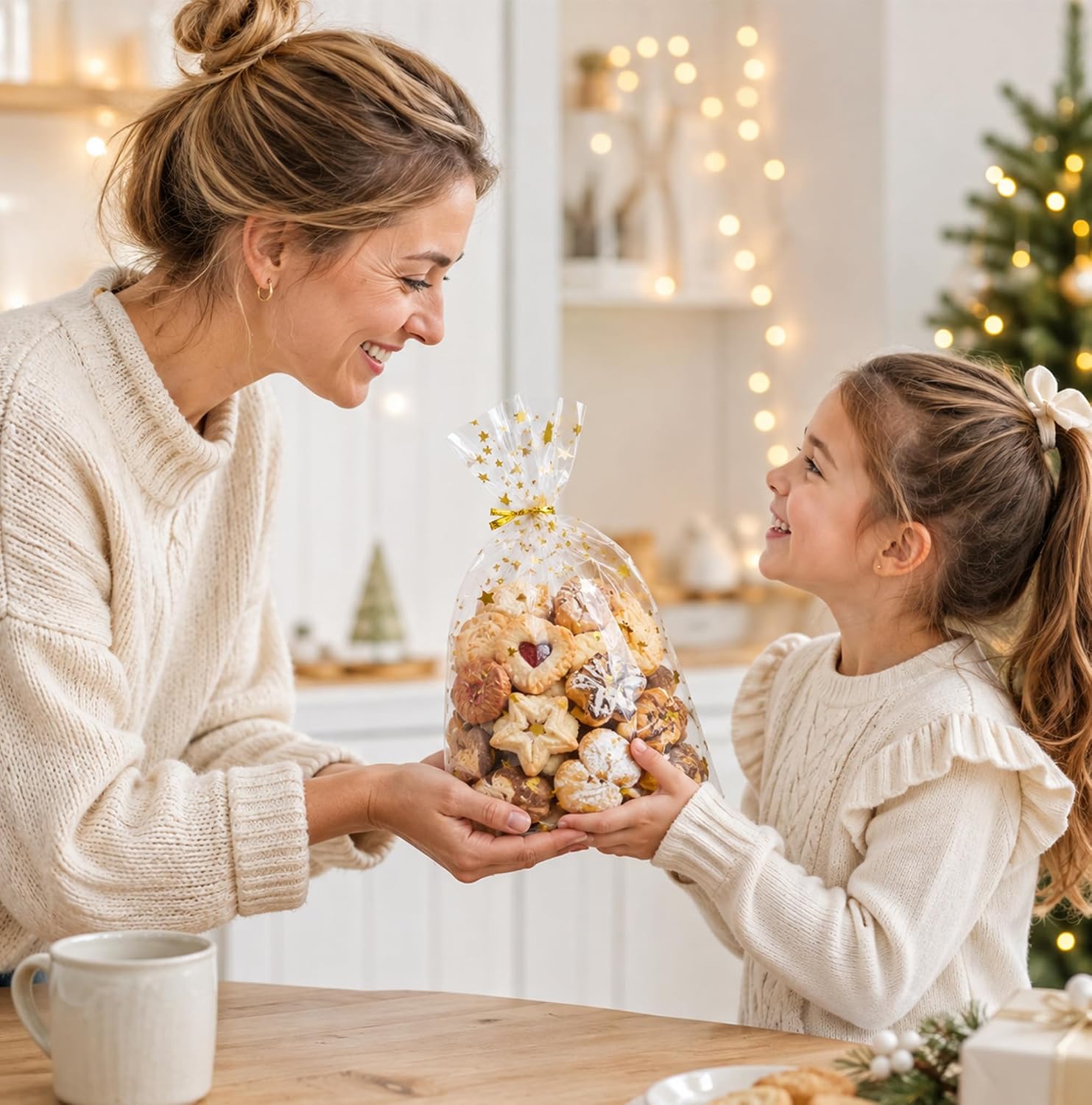 Pack of 100 Christmas Cookie Bags - Golden Star Biscuit Bags Christmas 15 x 25 cm | Cellophane Bags Transparent with Twist Ties, Christmas Bags for Filling for Biscuits, Sweets – Bild 7