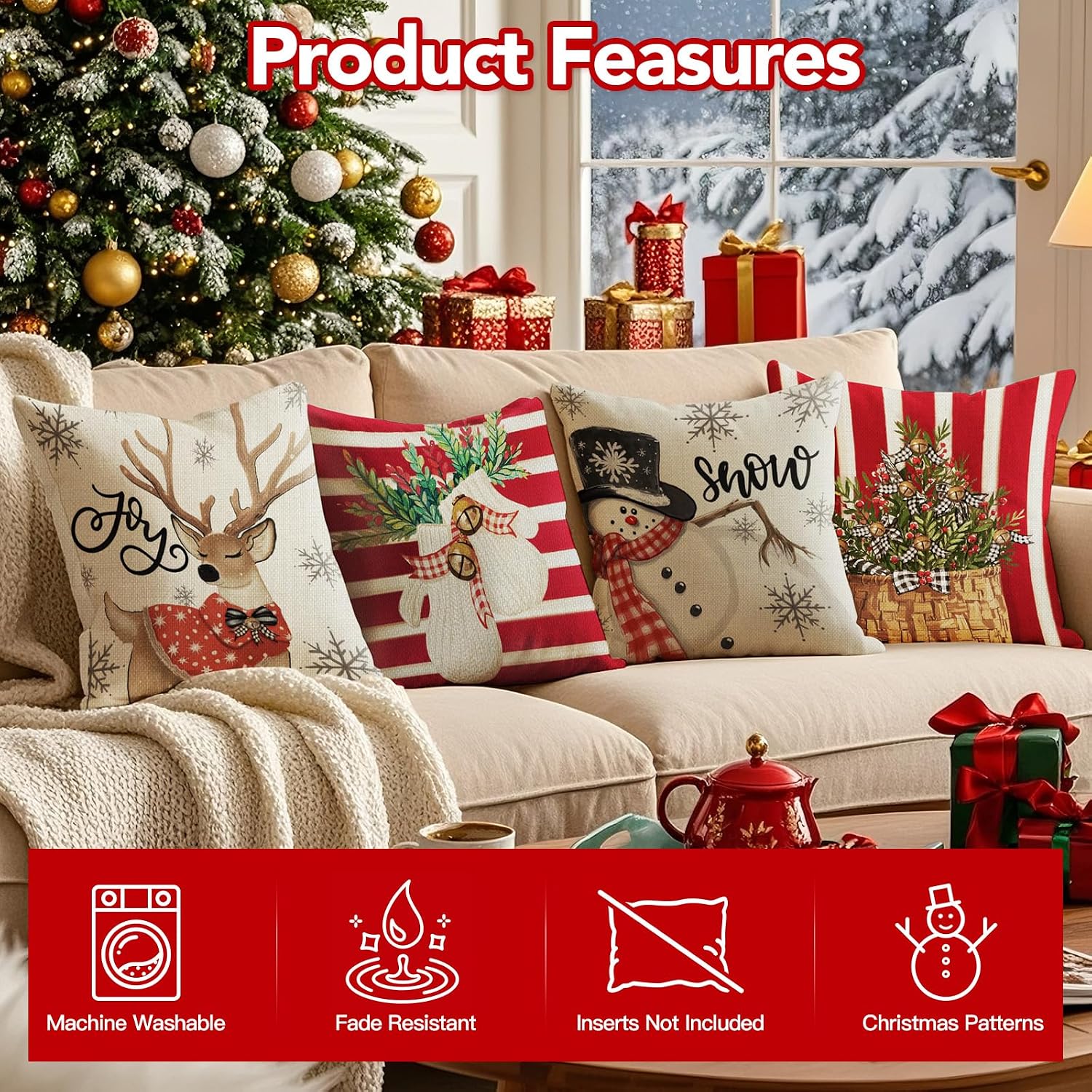 Christmas Cushion Cover, 45 x 45 cm, without Cushion Filling, Set of 4, Linen Look, Square Christmas Cushion Covers with Zip for Sofa, Living Room, Christmas Decorations (Red Stripes) – Bild 5