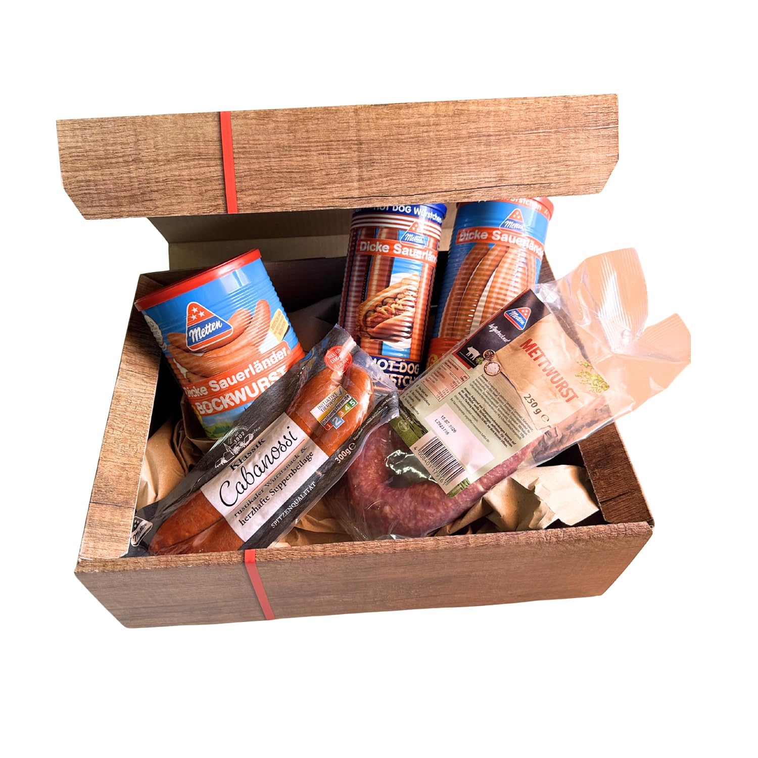 Metten Dicke Sauerländer Gift Box in Wood Look with Various Products (Bockwurst, Wiener Sausages, Hot Dogs, Mettwurst, Cabanossi) 1.58 kg – Bild 3