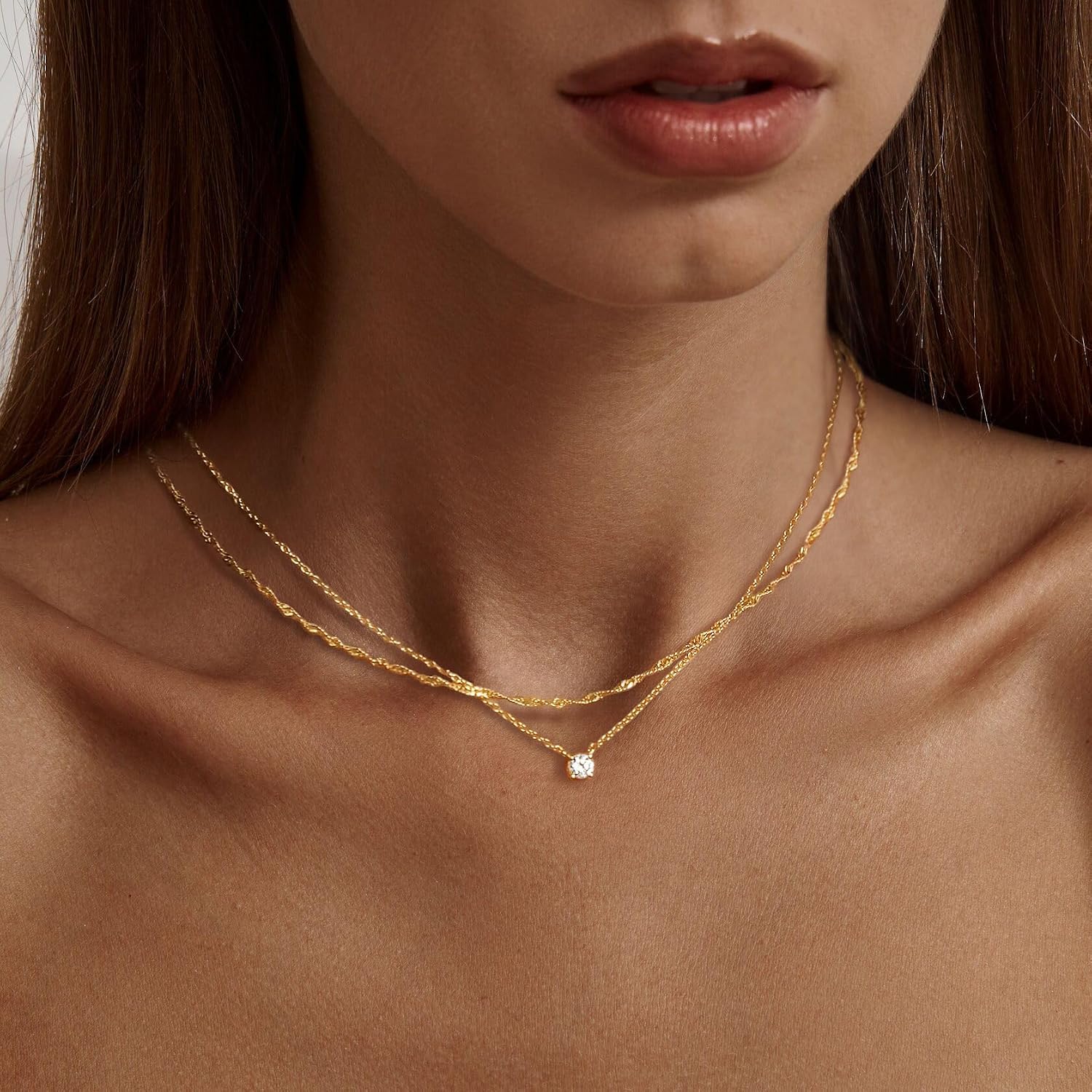 Tewiky Layering Halskette Damen, 925 Silber, Goldkett CZ Anhänger Set – Bild 3