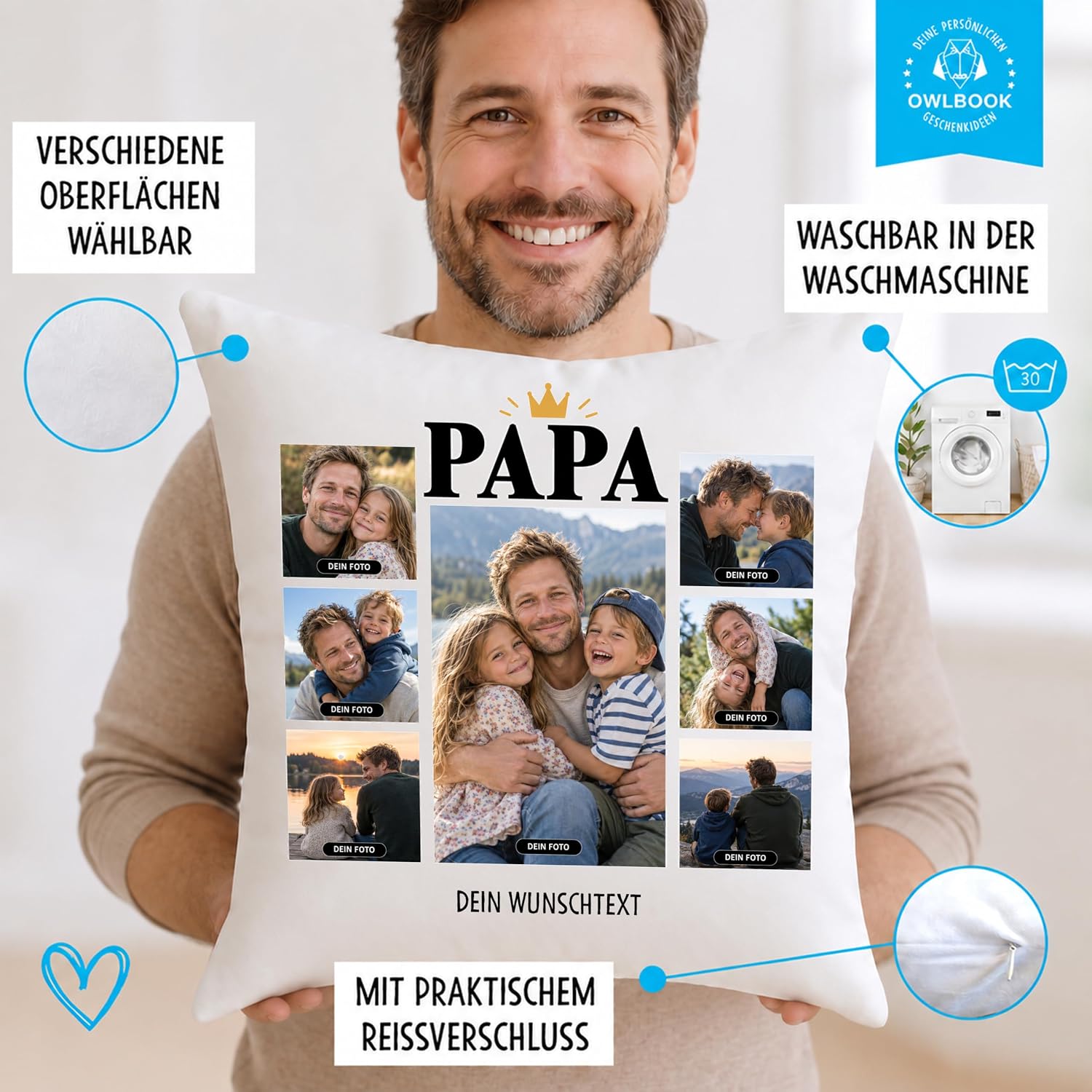 OWLBOOK® Photo Cushion for Dad with 7 Photos Design Yourself Gift for – Bild 4