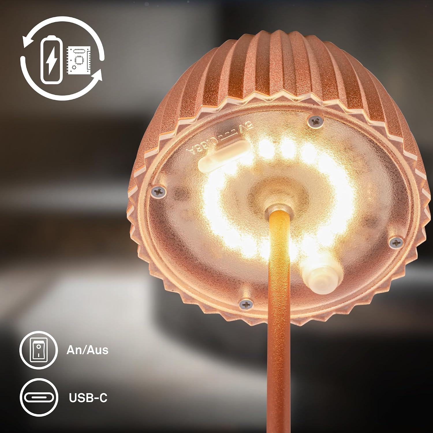 BRILONER Riffle Mini LED Table Lamp, Wireless, IP44, with Light Edge, Touch Dimmer, Replaceable Battery, Bedside Lamp, Battery-Operated, German Design Award Winner 2025, 8.5 x 20 cm, Copper-Coloured – Bild 11