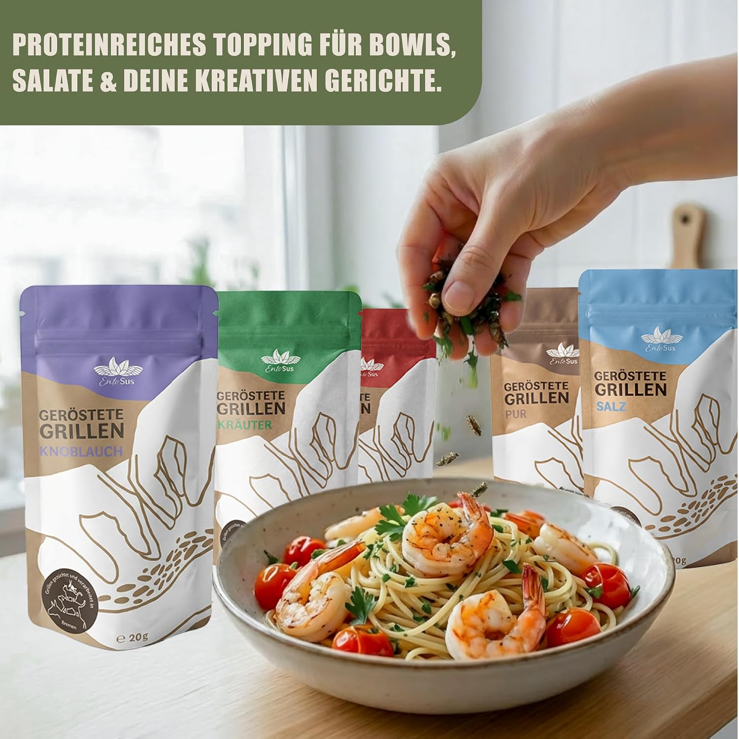 EntoSus Tasting Set Roasted Grills, 5 Flavours, Crunchy Snack Grilling, Sustainable Meat Substitute, Insects as Protein Snack or Cooking Ingredient, Cured in Germany, Contents: 5 x 20g – Bild 11