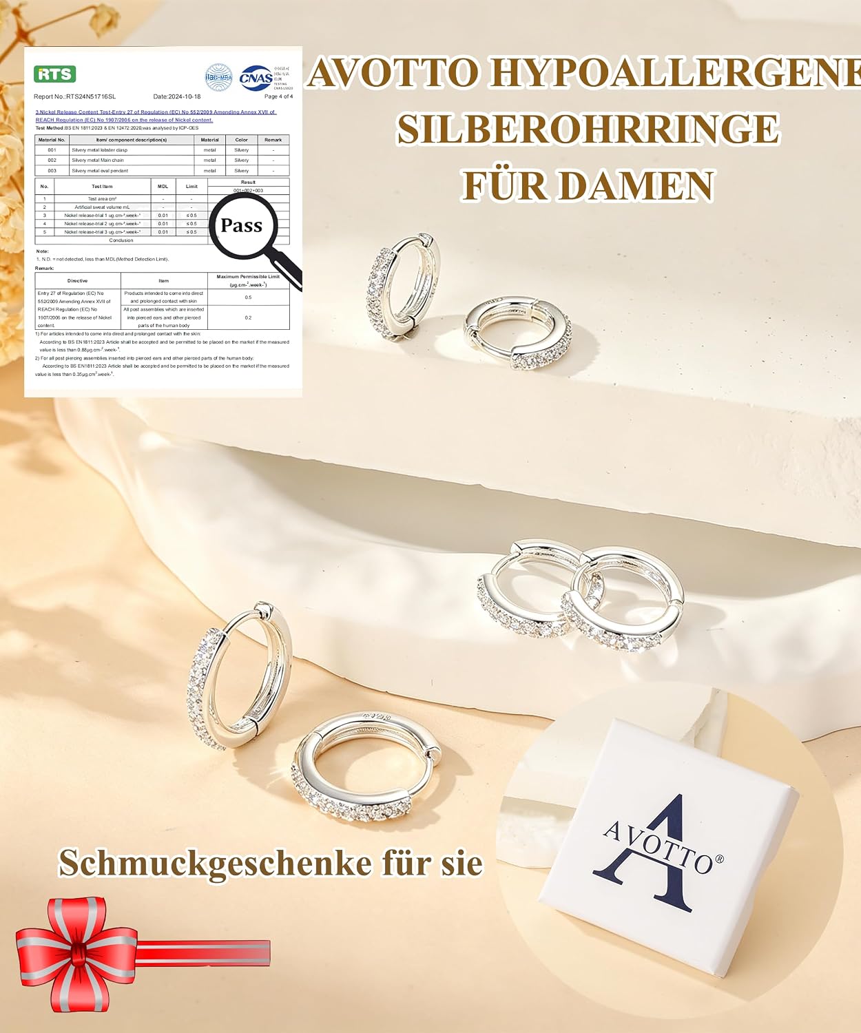 AVOTTO 3 Pairs of Earrings Silver 925 Set for Women Hypoallergenic 14K Gold Earring Stacks Silver Earrings Huggie Hoops Earrings for Multiple Piercings – Bild 4