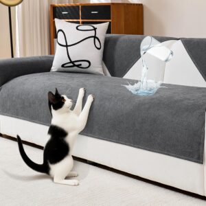 Deep Dream Waterproof Sofa Cover Chenille Sofa Cover, Scratch-Resistant Dog Cat Sofa Protector, Non-Slip Sofa Cover Couch Cover 2 3 4 Seater for U Shape L Shape Sectional Sofa (Dark Grey, 90 x 160 cm)