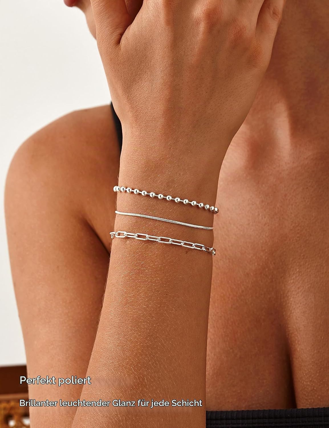 3 Pieces Bracelet Silver 925 Women's Stackable Bracelets Set Adjustable Bracelet Snake Chain Bracelets for Women Silver Bracelet Jewellery with Gift Box – Bild 2