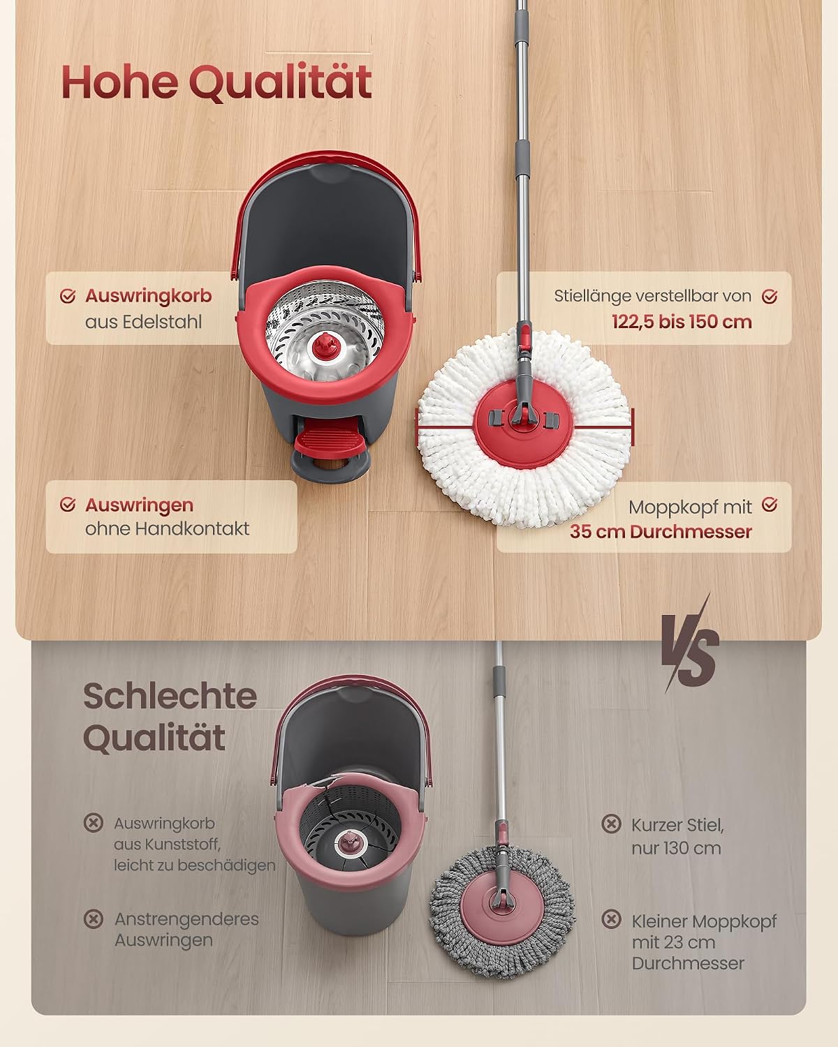 SONGMICS Mop Set with Bucket, Floor Mop with Spinner, Cleaning Bucket with Pedal and Wring Function, Telescopic Handle 122.5-150 cm, 360° Rotating Head, 1 Microfibre Cover, Grey/Red LMB002GT01 – Bild 5