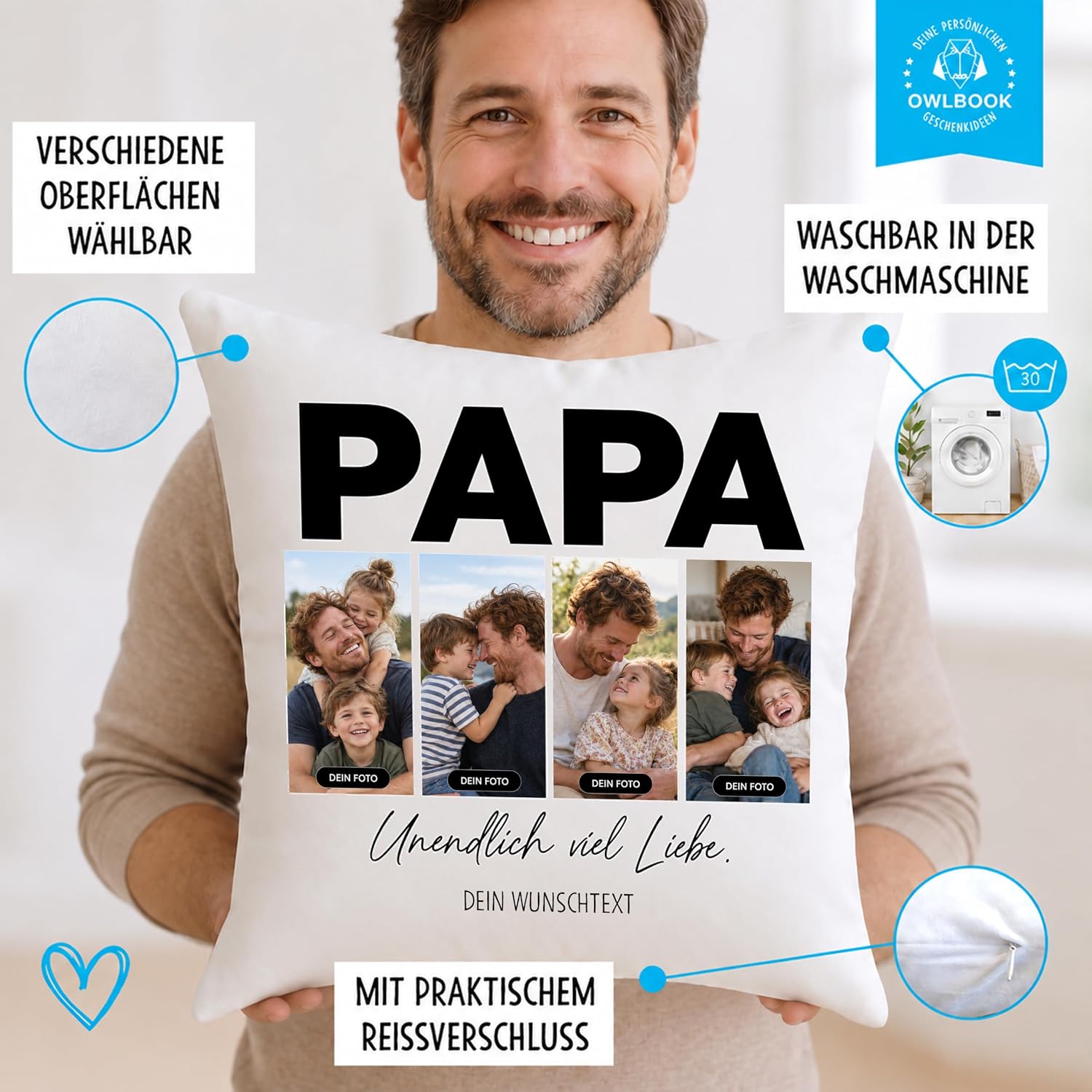 OWLBOOK® Photo Cushion for Dad with 4 Photos Design Yourself | Gifts for – Bild 4