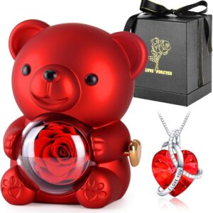 Handmade Rose Flower Teddy Bear, Real Eternal Rose Teddy Bear Gift Box with Necklace Gifts for Mum, Wife, Girlfriend, Grandma for Valentine's Day, Mother's Day, Birthday, Anniversary, The Perfect Party