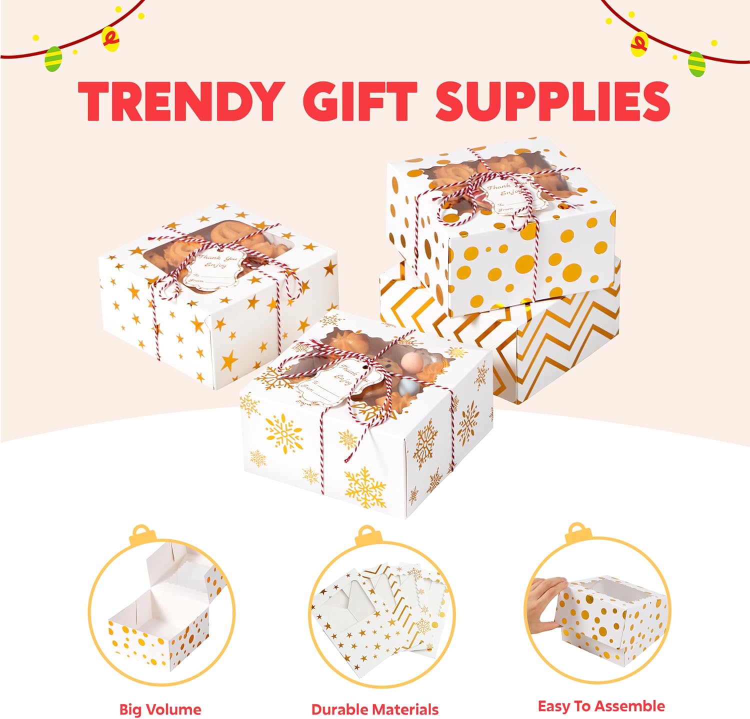 JOYIN Christmas Cookie Boxes, Gold Foil Box with Window, 6" x 6" x 3", Bakery Gift Wrapping with 4 Designs for Christmas, Holiday, Party, Pastry, Cupcakes, Cookies, Donuts, Pack of 24 – Bild 2