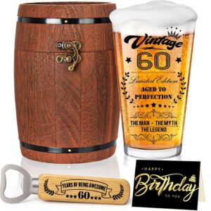 Gifts for 60th Gifts for Men, Personalised Beer Glass with Engraving, 1966 Beer Glass in Barrel Box, 470 ml, Decoration 60th Birthday with Birthday Card, Bottle Opener, Valentine's Day Gift Ideas