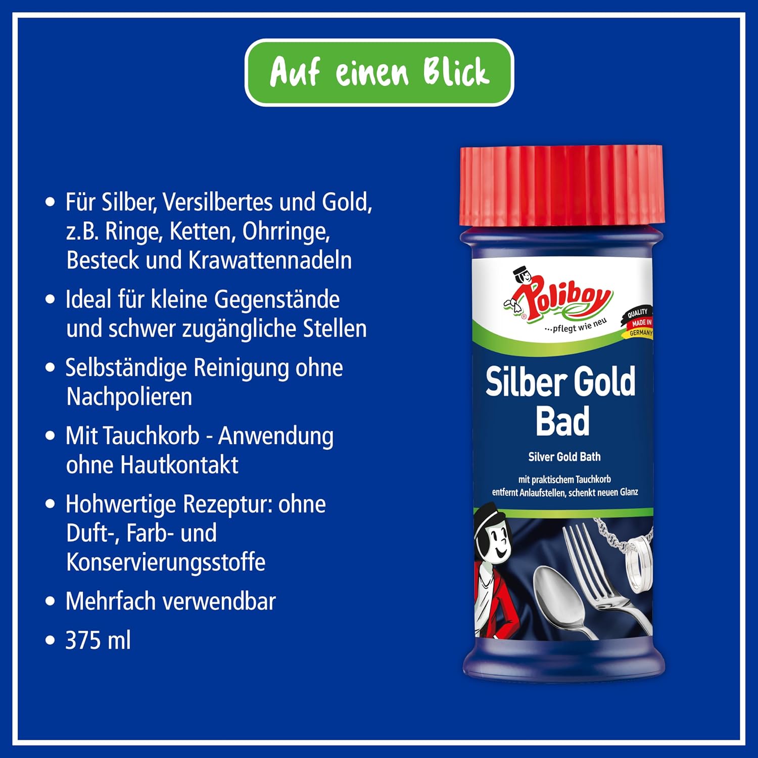 Poliboy Silver Gold Bath - Dip Bath for Shine Refreshing - Removes Dark Tarnish Points and Gives Jewellery New Shine - 1 x 375 ml - Includes Product Sample - Made in Germany – Bild 5
