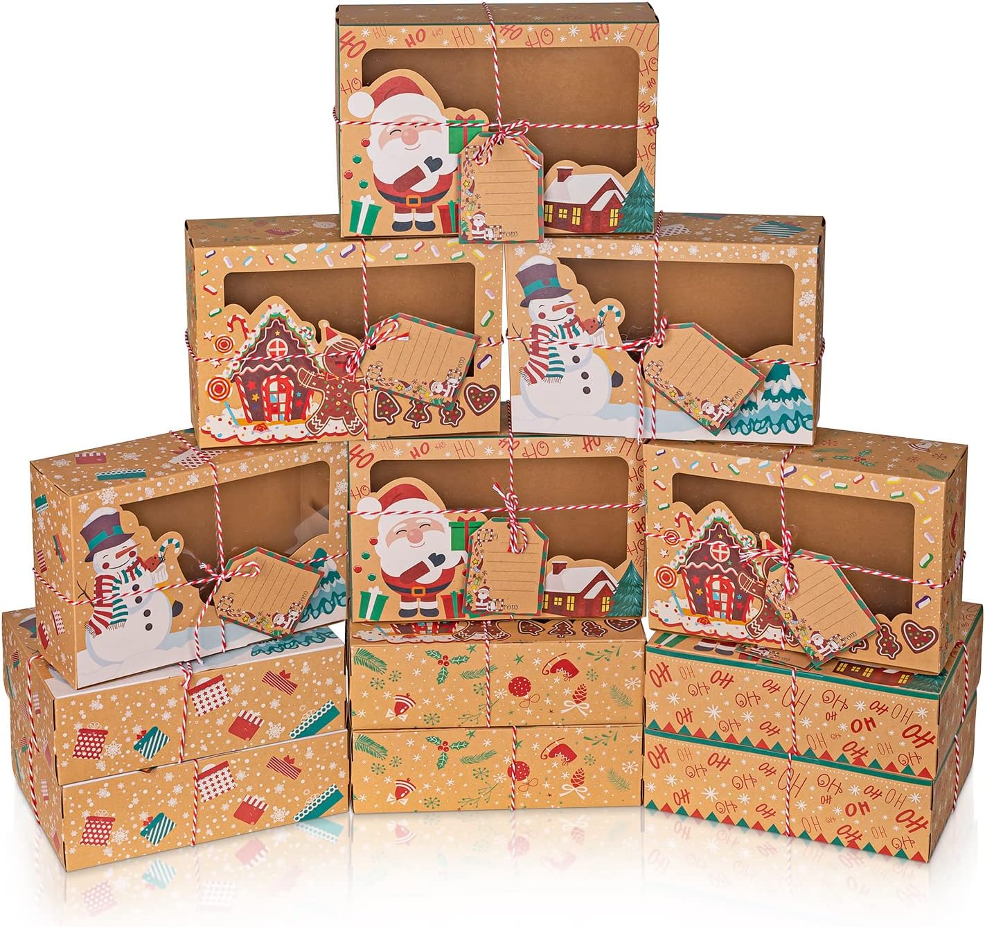 Pack of 12 Christmas Biscuit Boxes, 3 Different Design Biscuits Packaging, Christmas Box, Biscuit Box, Cake Boxes with Viewing Window for Bakery, Chocolate, Chocolate Box Packaging