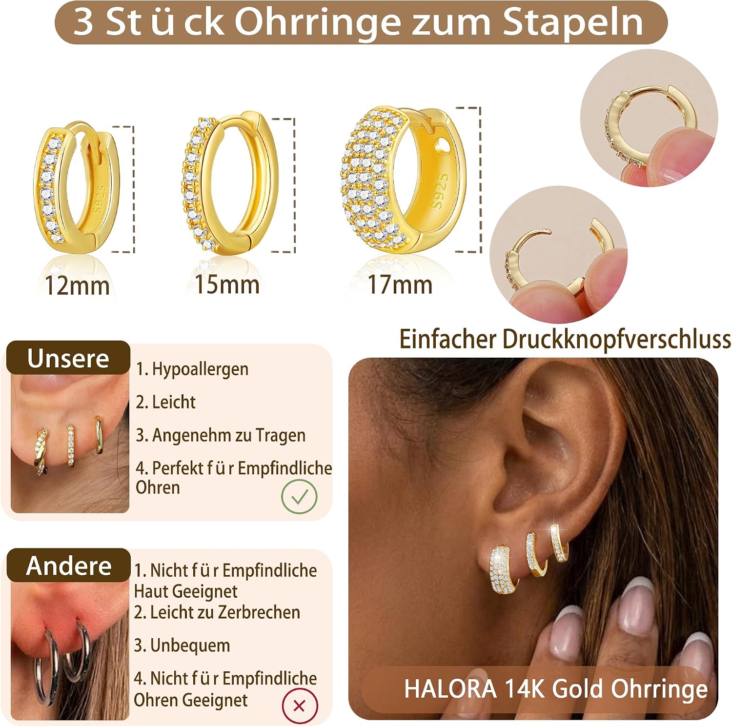 3 Paare Creolen Silber Set 14K Vergoldete Ohrringe für Damen – Bild 6