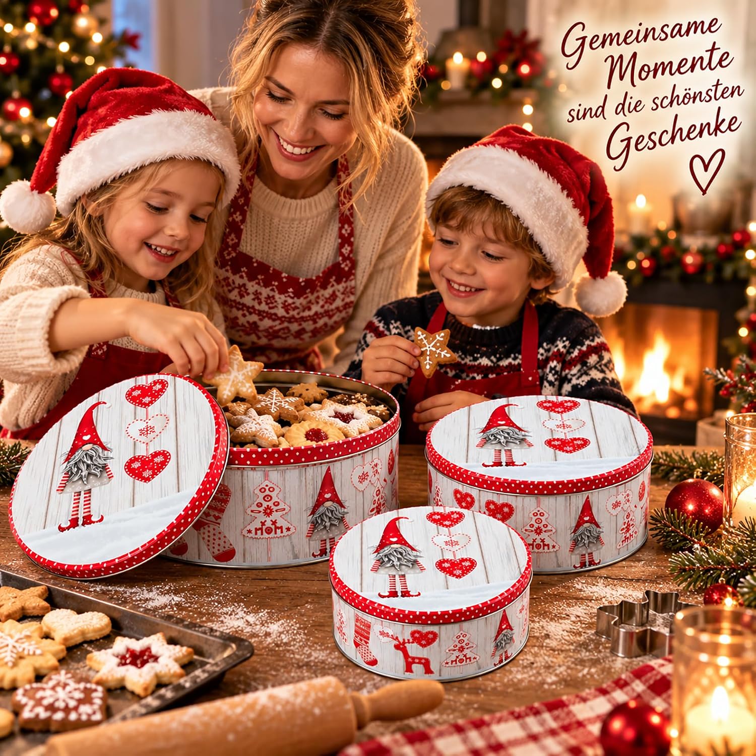 KAMACA Set of 3 Biscuit Tins, Biscuit Tins, Metal Gnome Christmas Red – Bild 4