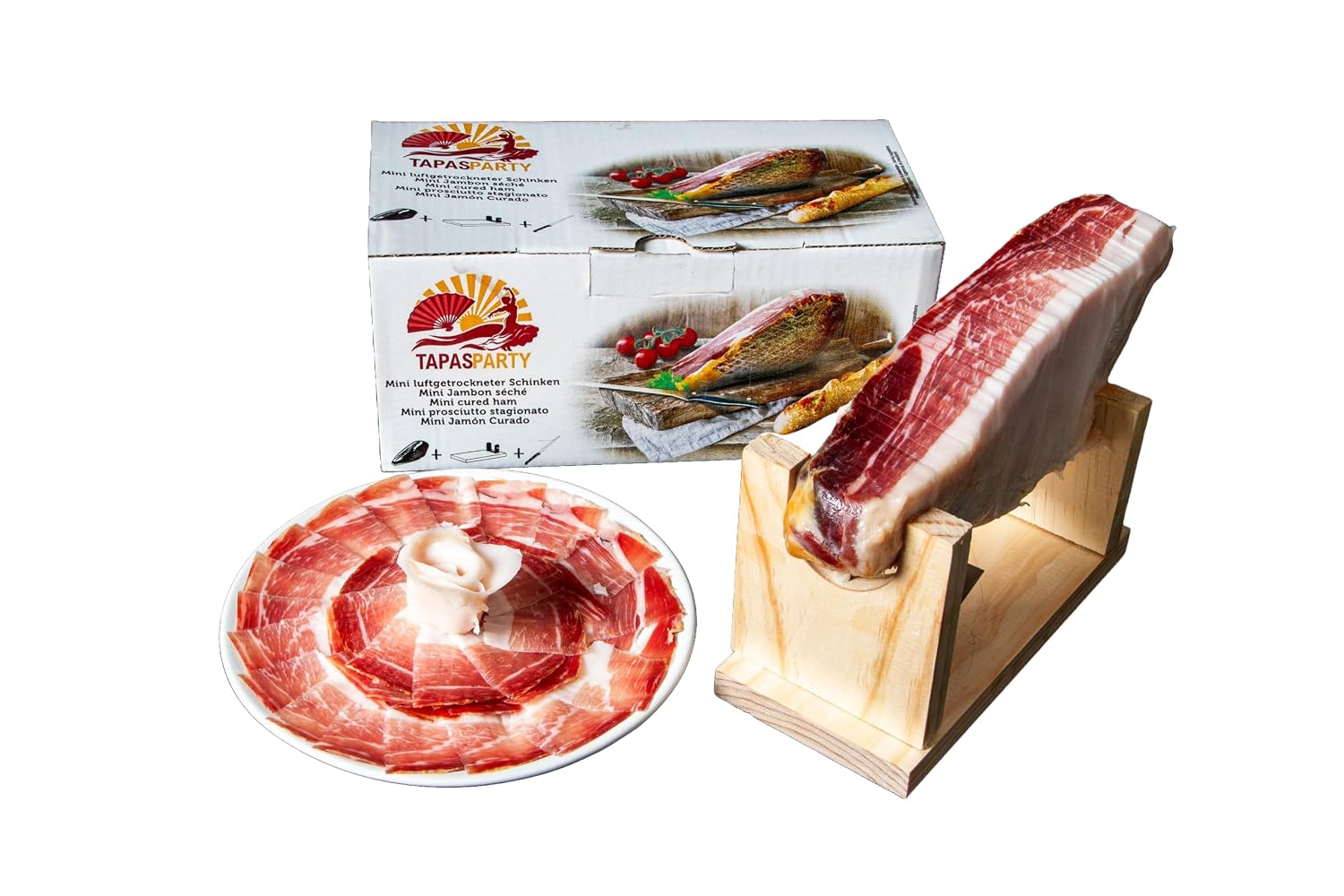 Spanish Tapas Party Deluxe Set | Mini Serrano Ham (1 kg) with Stand & Knife + Chorizo, Lomo, Fuet | Gourmet Gift Basket & Delicatessen from Spain – Bild 5