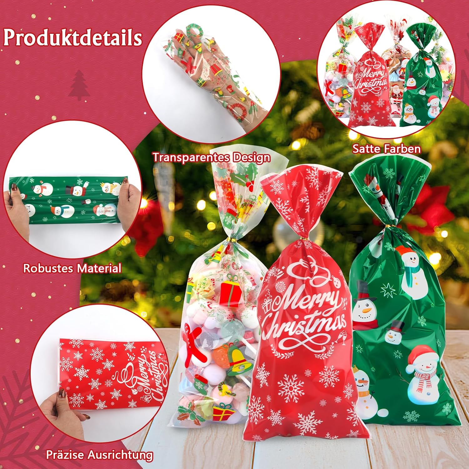 Pack of 120 Cellophane Bags, Christmas Candy Bags, Biscuits, Goody Bags with 120 Twist Ties, Bags for Filling, Cellophane Bags Small for Cookies Biscuits Chocolates (Green) – Bild 2