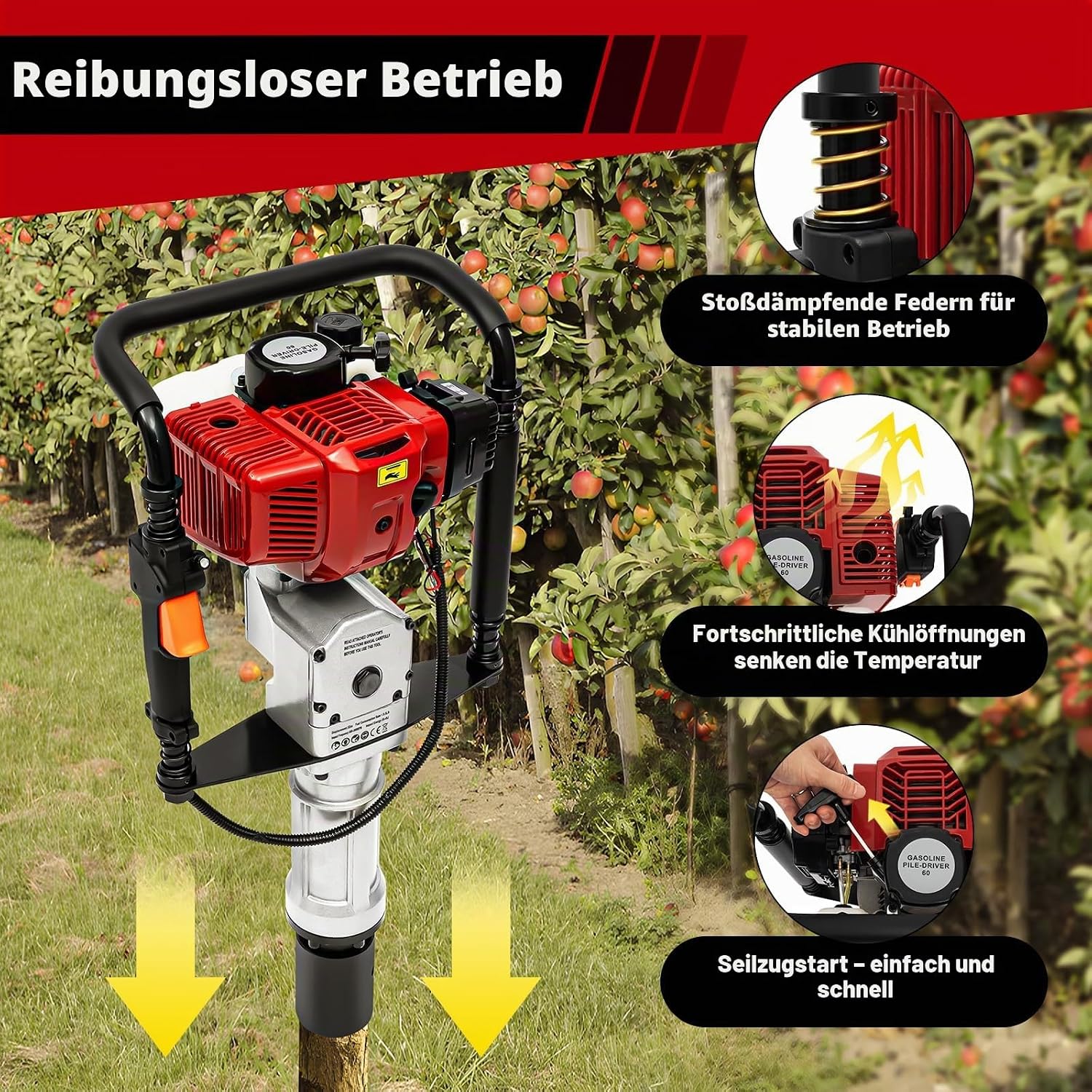52CC 2-Stroke Petrol Stake Drive, 1900 W 45J Aluminium Portable Single Cylinder Professional Post Driver Hand Ram Fence Post Ram Earth Hole Drill with 55 mm 70 mm Sleeve for Fence Construction – Bild 9