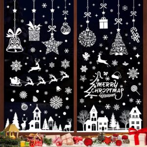Pack of 193 Window Stickers Christmas Self-Adhesive, White Window Decoration Christmas Reusable, PVC Snowflakes Window Decoration, Window Stickers Christmas with Houses for Winter Window Decoration Christmas Decoration